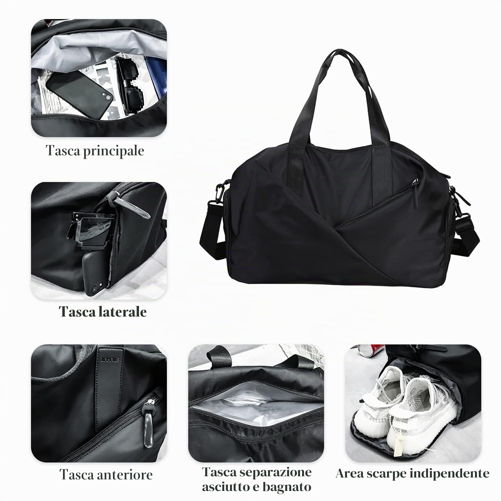 CORIOS Borsone da Viaggio Uomo/Donna Borsa Sportiva Borsone Palestra Grande Weekender Pernottamento Piscina Palestra Bagaglio a Mano con Scomparto Scarpe & Tasca di Separazione Bagnata e Asciutta Nero