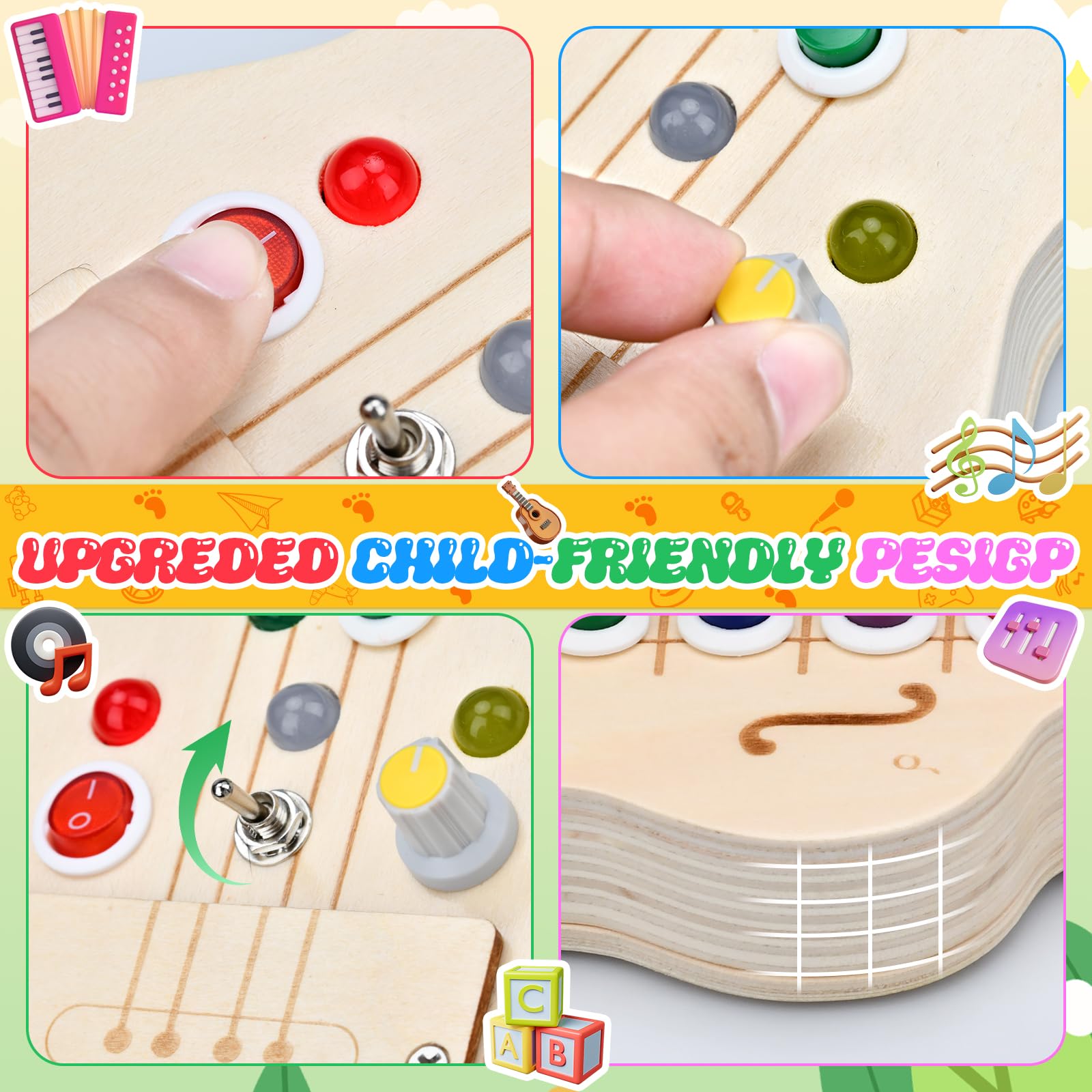 Busy Board Montessori Guitare Jouet Enfant avec Lumières LED et Boutons de Note Jouet en Bois Sensoriel pour 1-5 Ans