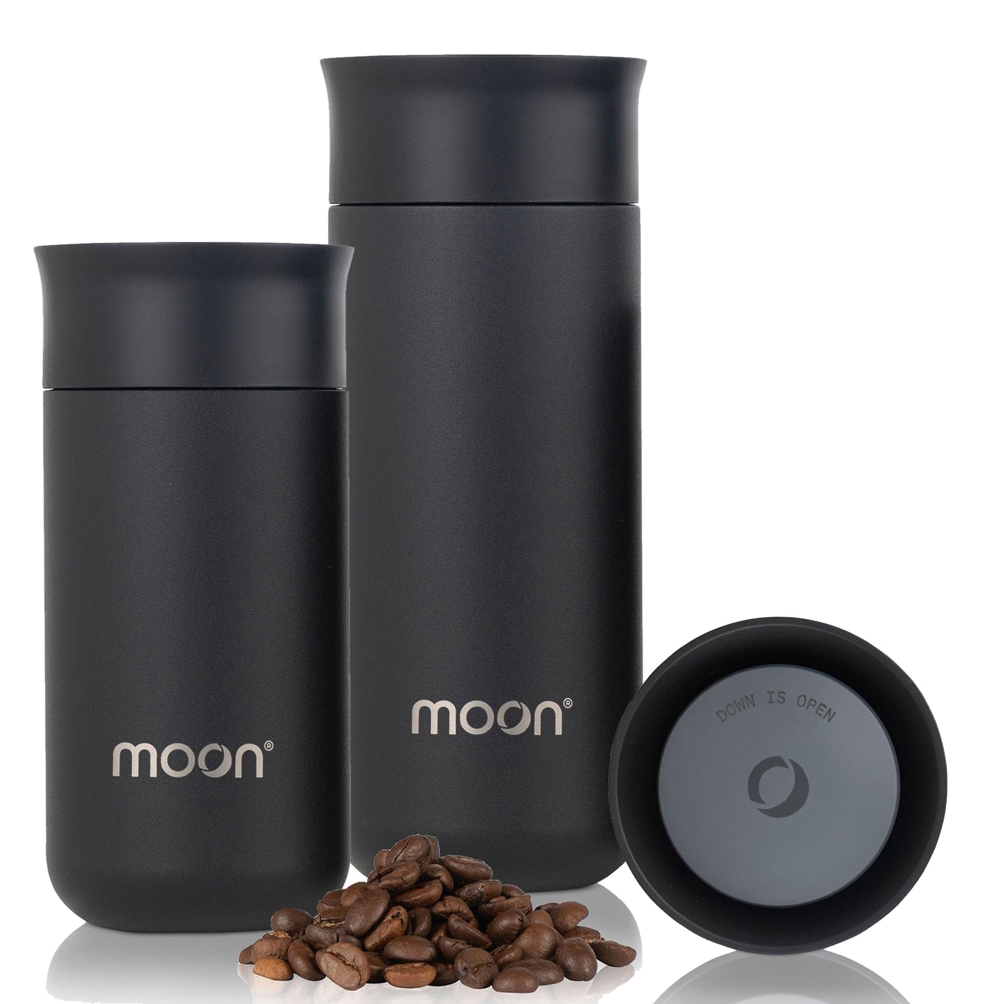 Moon 360° Insulated Travel Mugs, Leak Proof Reusable Coffee Cups - Pro Version for Performance & Easy Clean - Leakproof Flask for Hot & Cold Drinks - Fits Car Cup Holders, UK Company (500ml, Black)