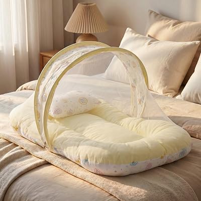 BAYBEE Muslin Cotton Baby Bedding Set for New Born with Mosquito Net, Portable Sleeping Nest, Premium Soft Mattress & Pillow, Travel Bed for Boys Girls (Yellow)
