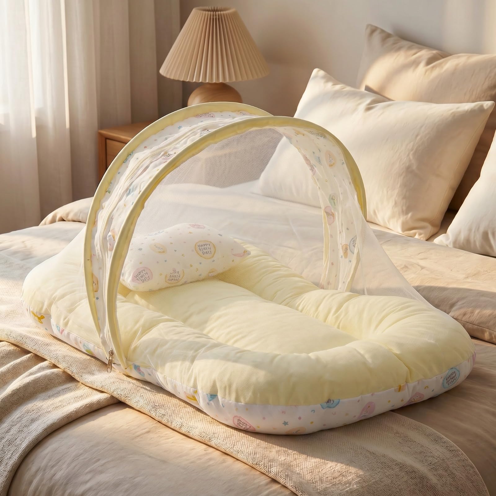 BAYBEE Muslin Cotton Baby Bedding Set for New Born with Mosquito Net, Portable Sleeping Nest, Soft Mattress & Pillow, Travel Bed for Boys Girls (Yellow)-picture-22