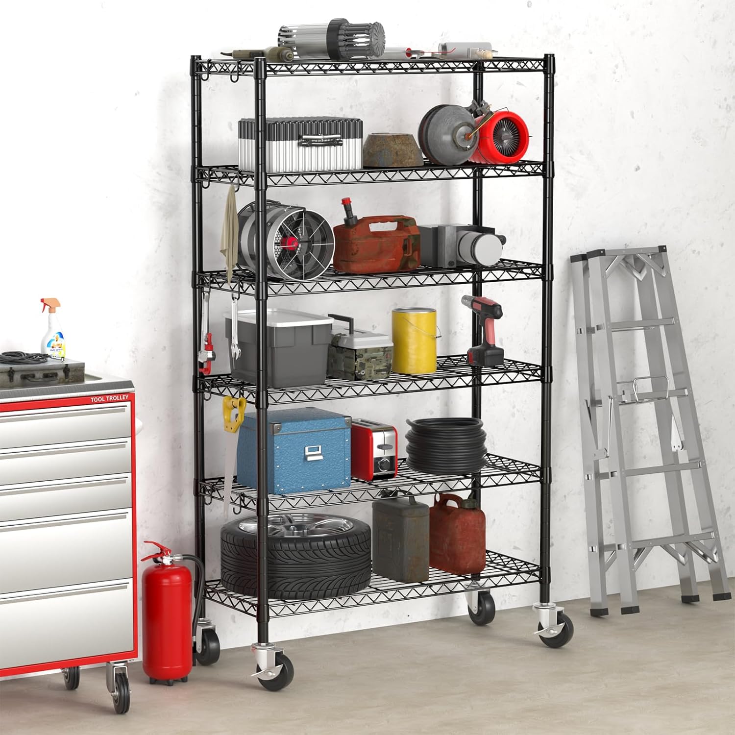 2300LBS Wire Shelving Unit, 36"W x 14"D x 75"H Metal Standing Shelf Units with Wheels / Leveling Feet, 6 Tier, Adjustable, Heavy Duty, and NSF Storage Shelves, Rolling Metal Shelving Wire Rack - Image 2