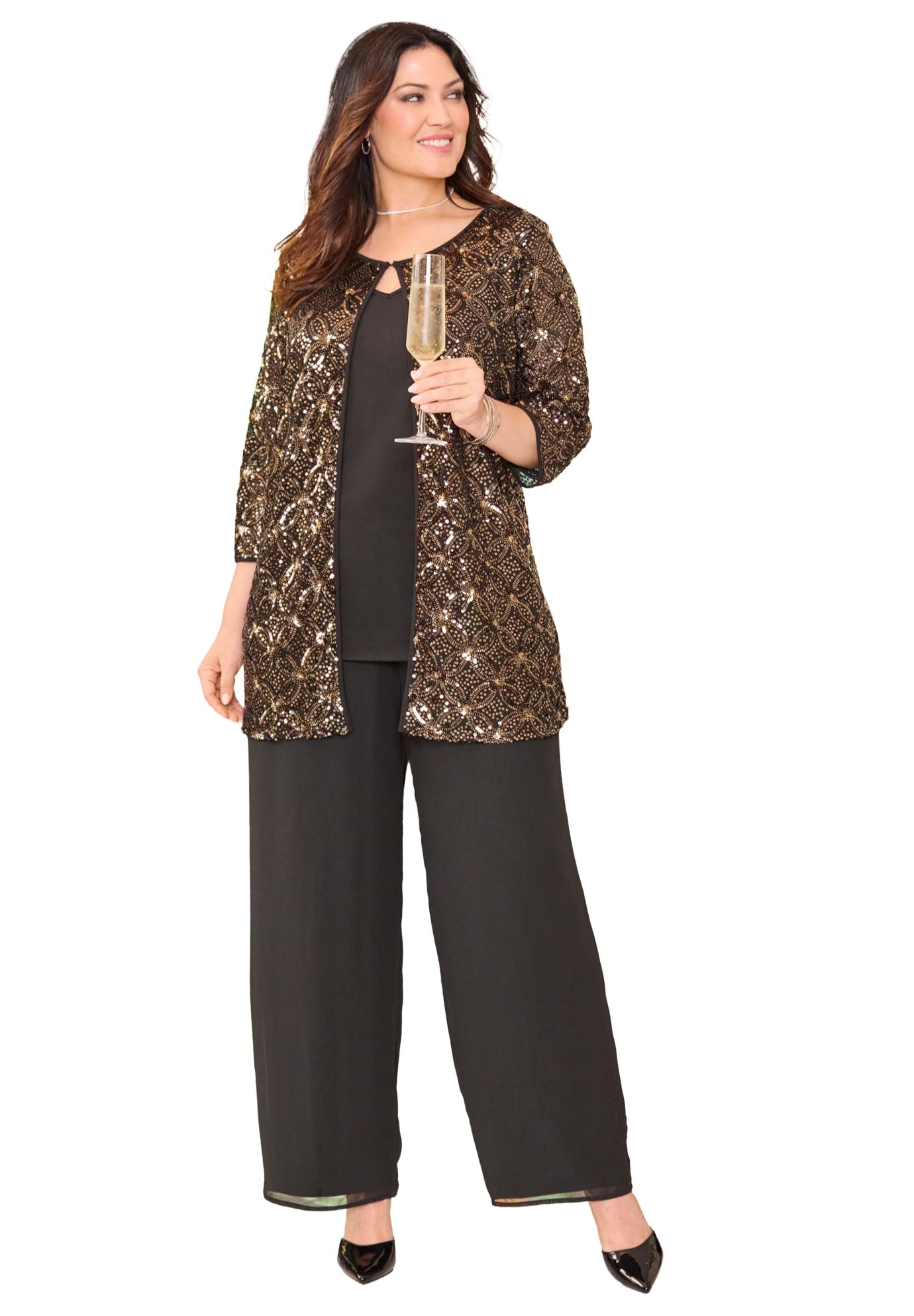 Womens Plus Size Sequin Jewel Neck Duet