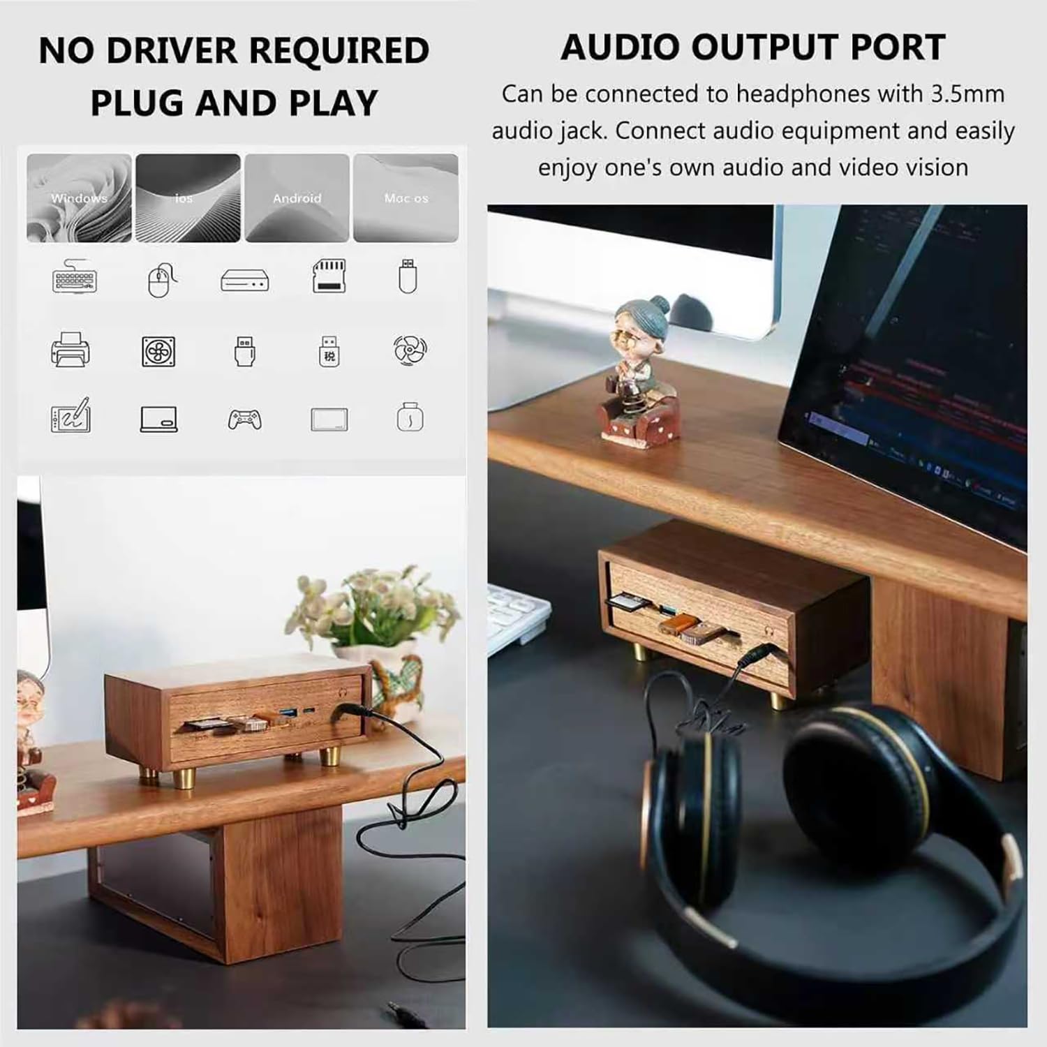 Stacja dokująca USB 12 w 1, przełącznik USB, z dwoma gniazdami na czytnik kart SD/TF i gniazdo audio 3,5 mm, lite drewno USB 3.0, do telefonów, tabletów, gadżetów