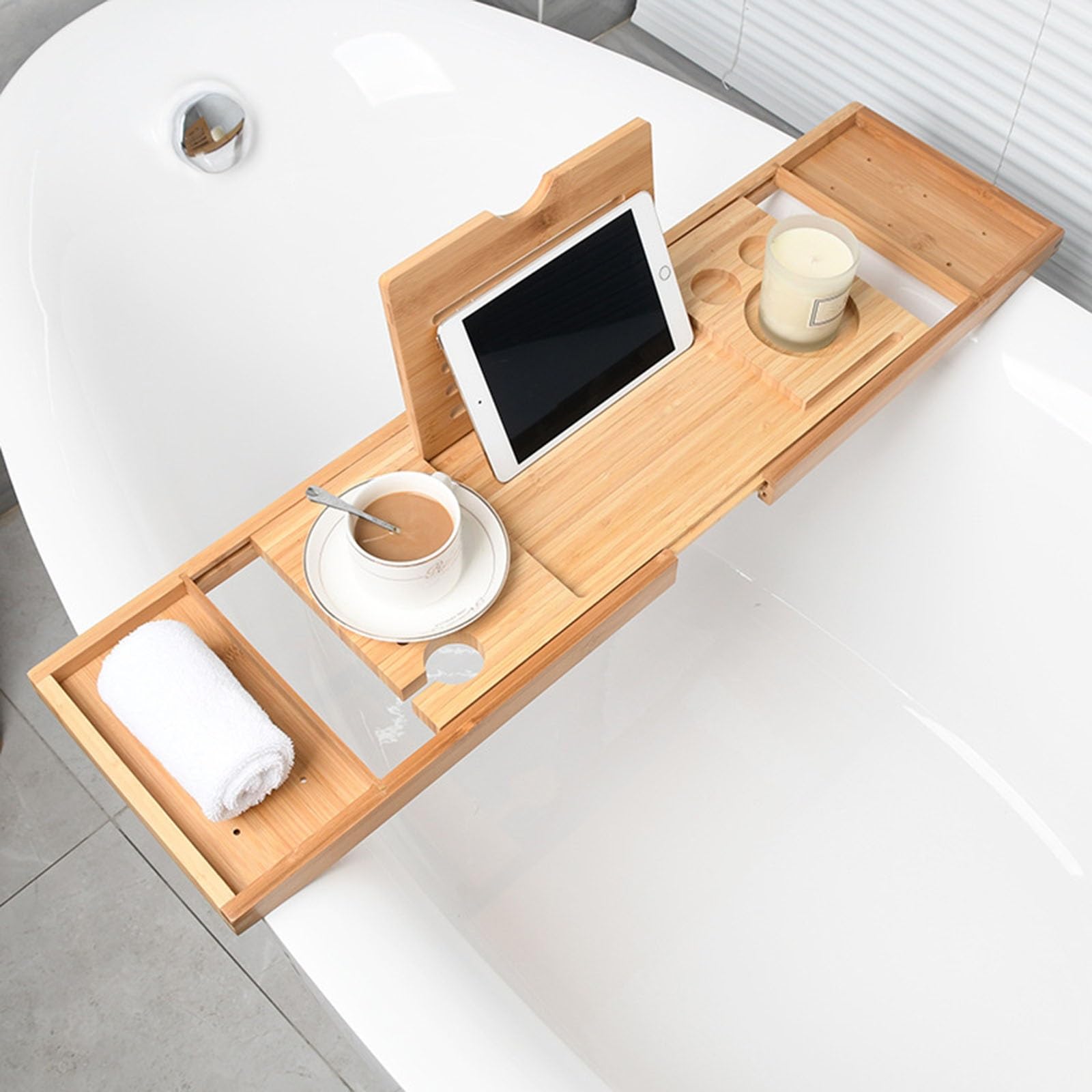 Bandeja de bañera de madera expandible con estante de lectura y soporte para tableta, estante de almacenamiento de baño para relajación y organización