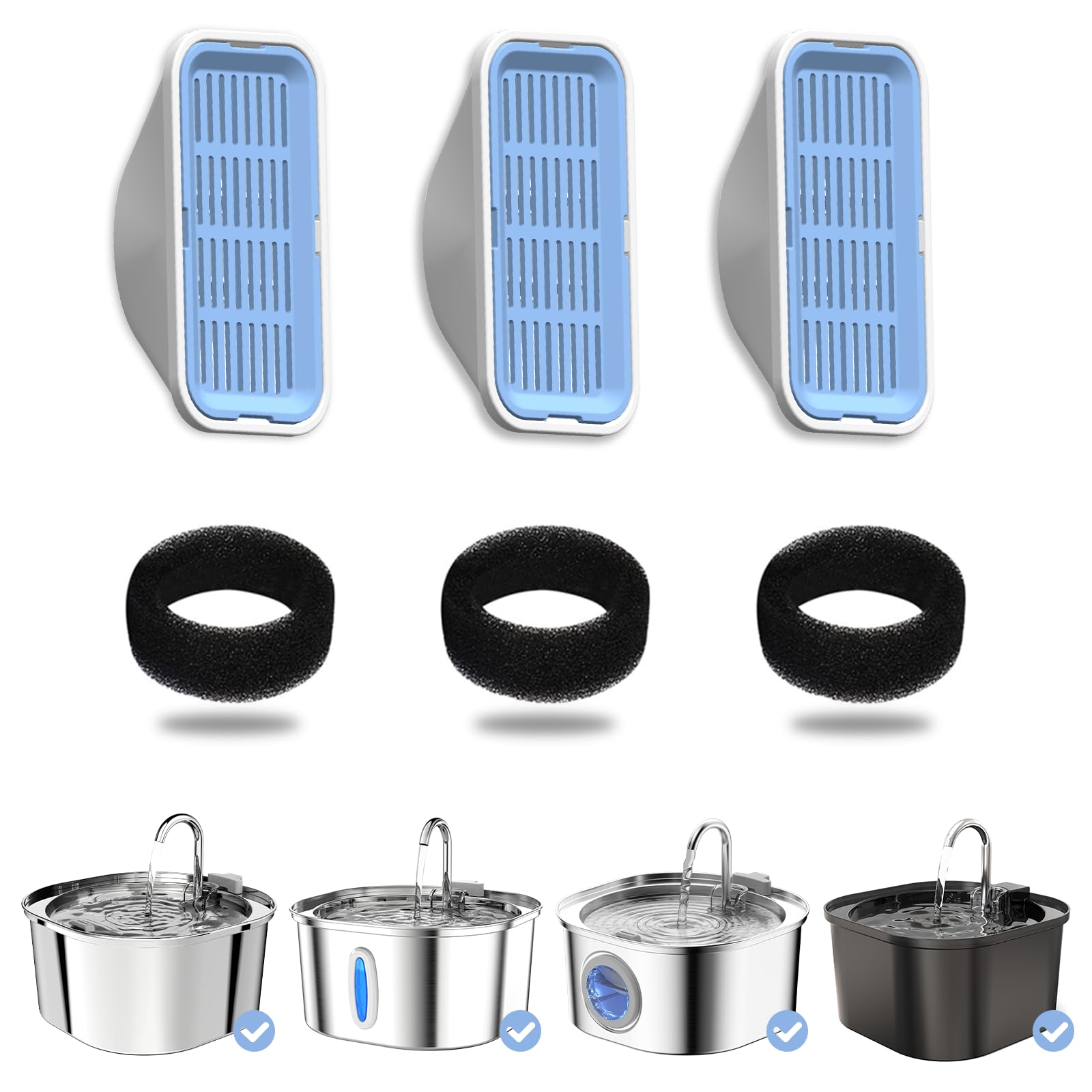 PEKTACO Cat Water Fountain Filters Replacement & Pre-Filter Sponges for 3.2L/108oz Automatic Pet Fountain, Dog Water Dispenser (3 Filters+3 Sponges)