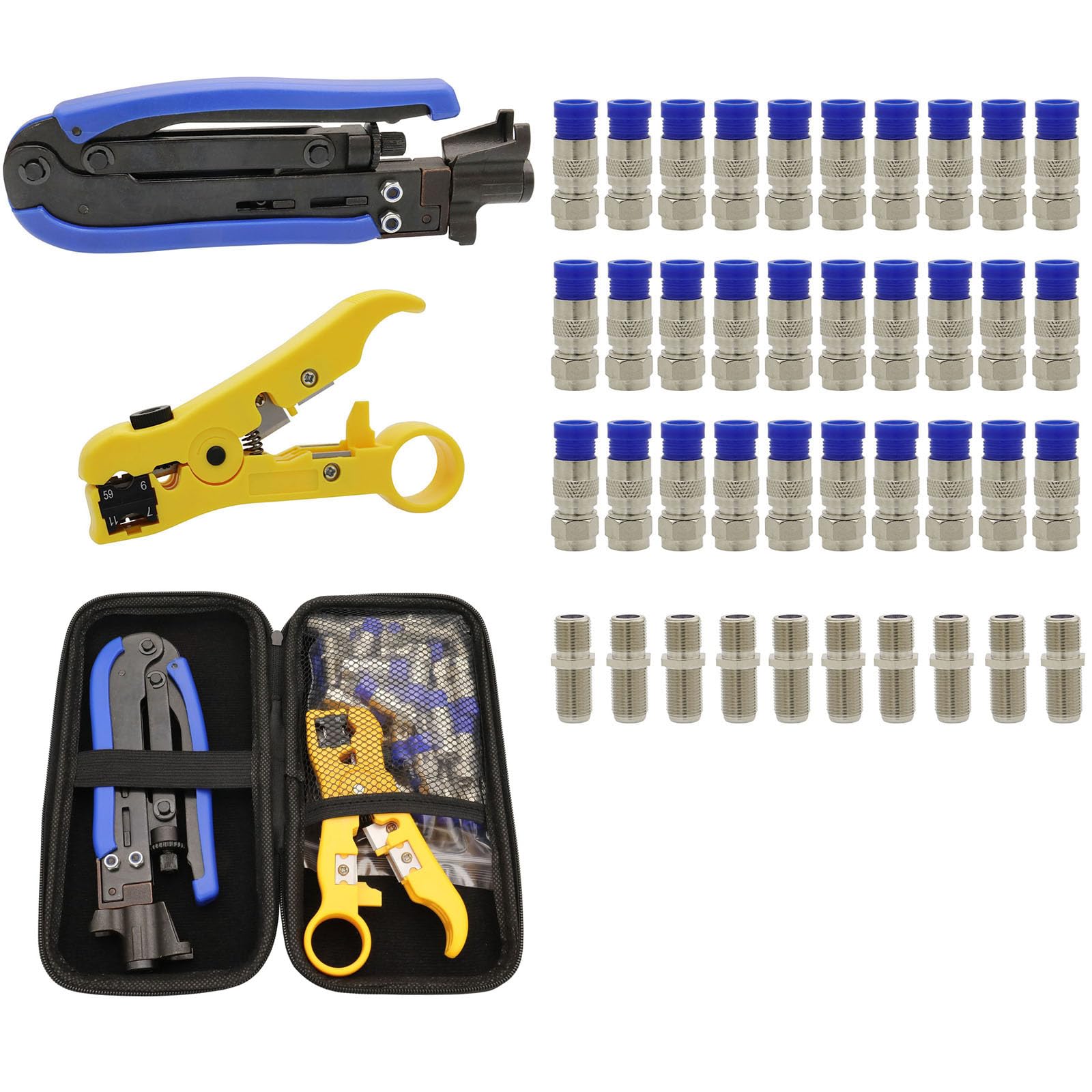 Kit profesional de crimpadora de cables coaxiales con pelacables y conectores de compresión RG6, juego de herramientas de crimpado coaxial ajustable para instalaciones de conectores de cable coaxial
