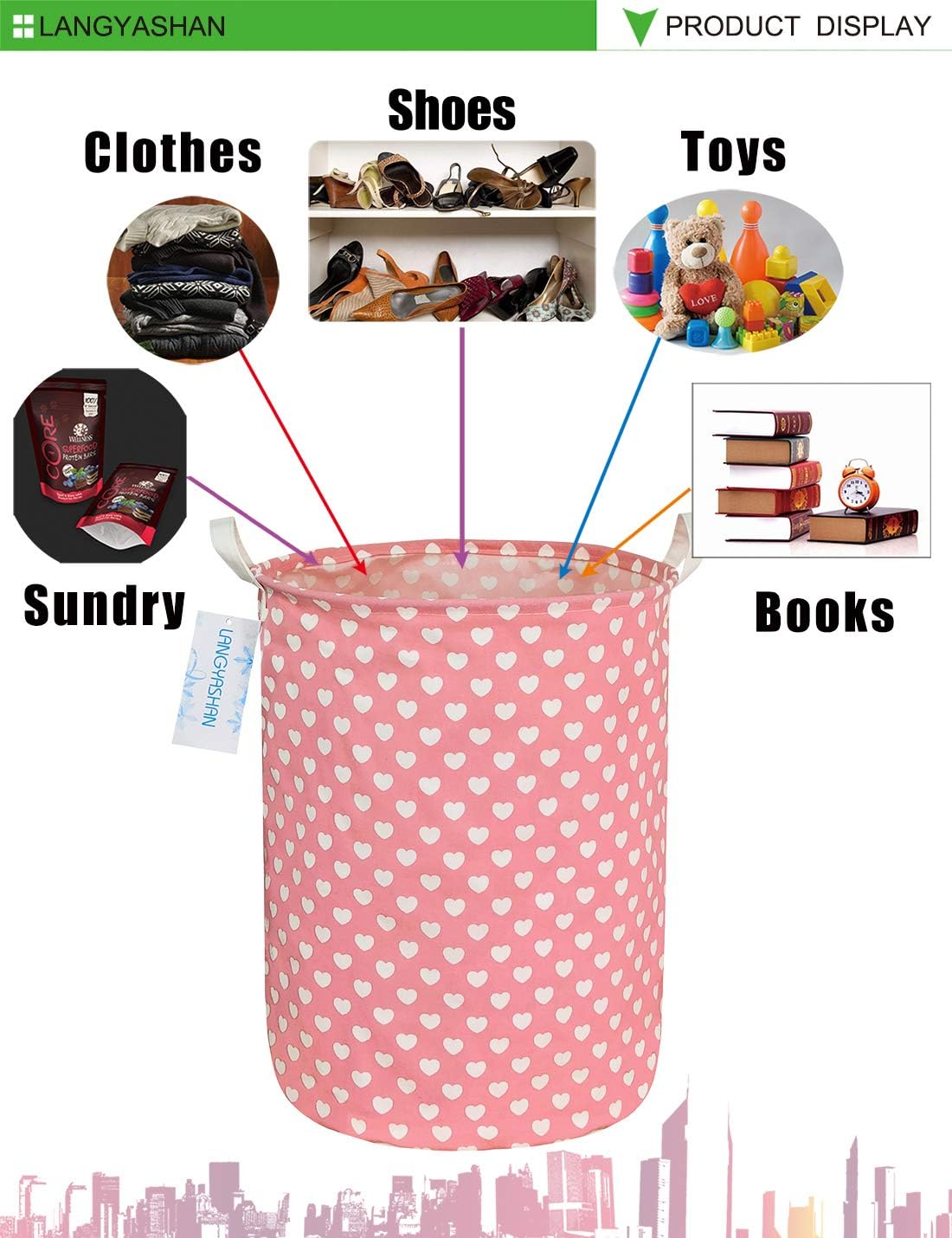 LANGYASHAN Laundry Basket Canvas Fabric Collapsible Organizer Basket for Storage Bin Toy Bins Gift Baskets Bedroom Clothes Children Nursery Hamper (pink heart)