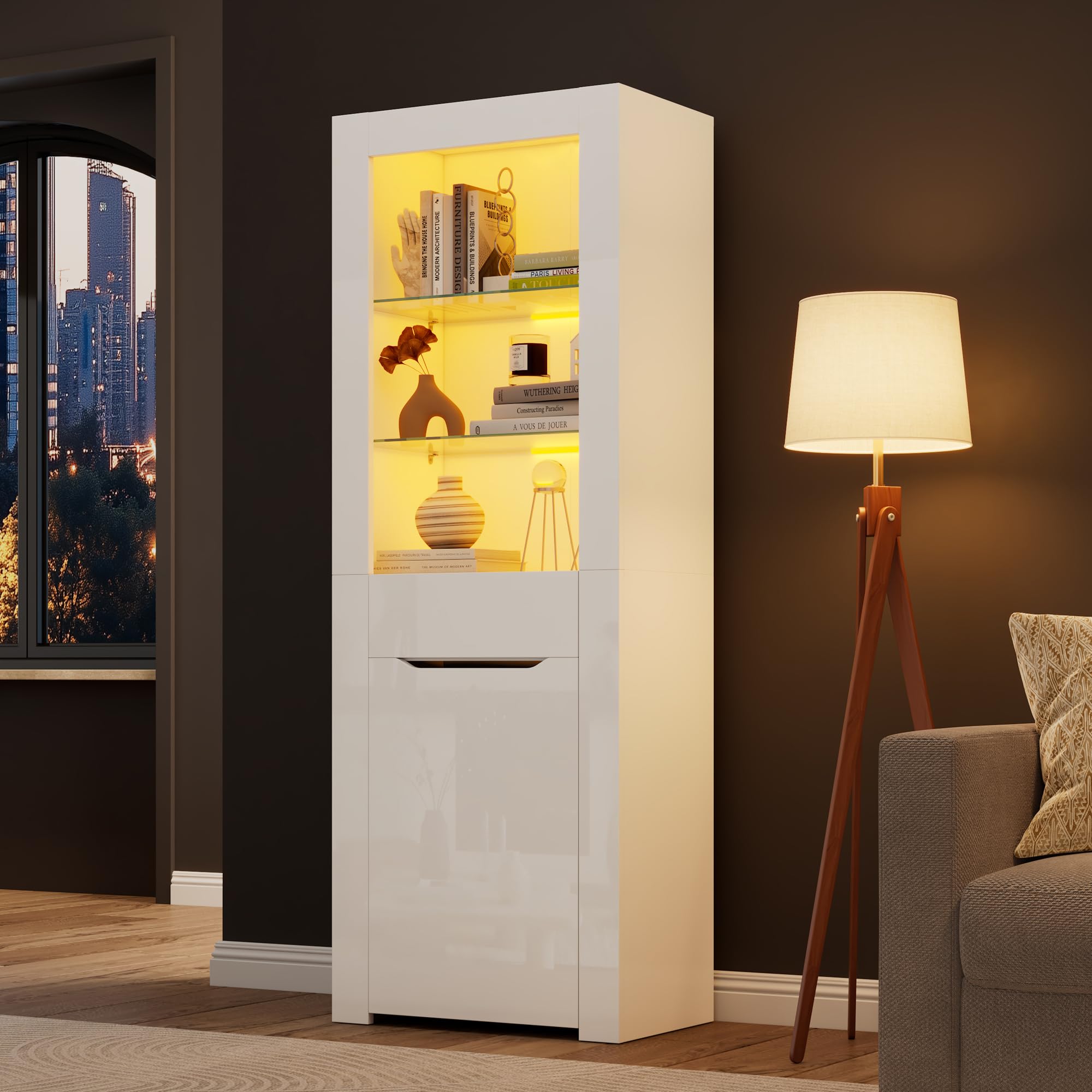 Merax Vitrina con luces LED, armario de 1 puerta y 1 cajón, cristal con mucho espacio de almacenamiento, moderna estantería de salón y oficina
