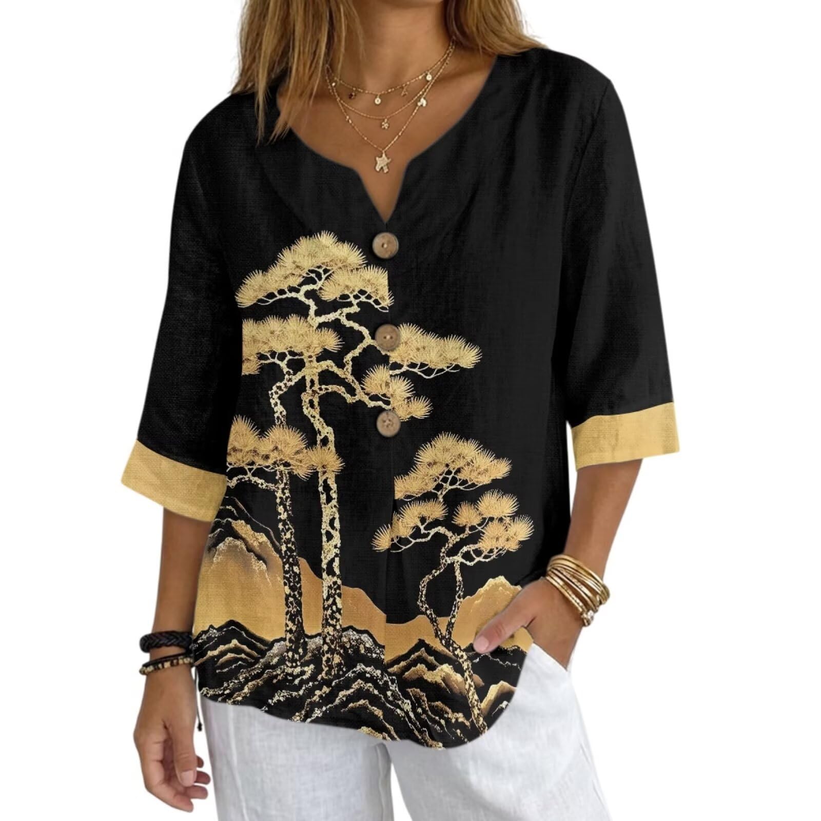 Women's V-Neck Tunic Top, Casual Polyester Linen Blouse with Decorative Buttons, Loose Fit Easy Care Everyday Wear