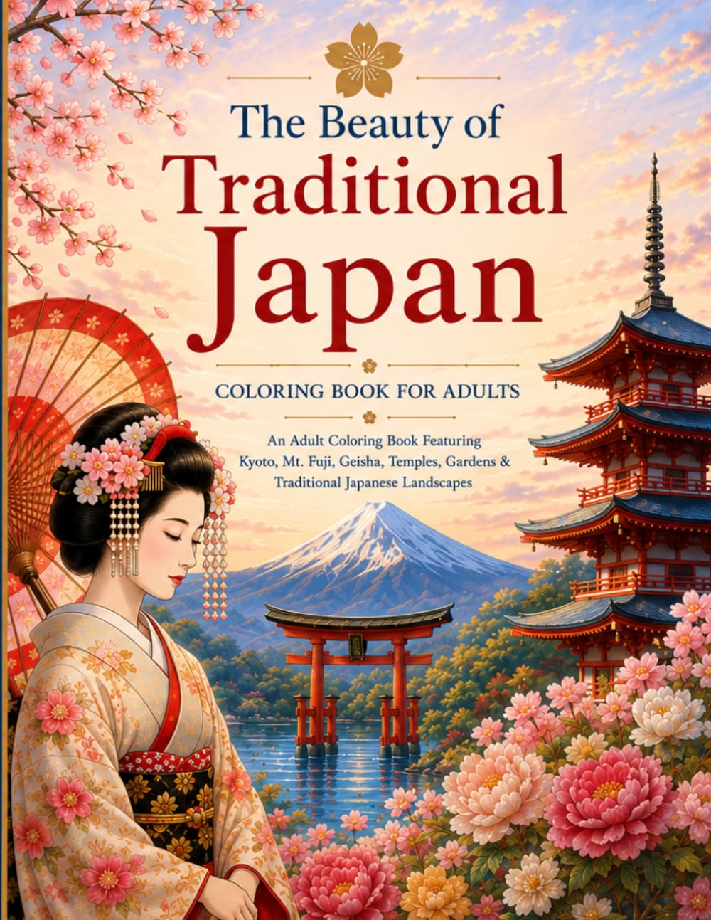The Beauty of Traditional Japan: An Adult Coloring Book Featuring Kyoto, Mt. Fuji, Geisha, Temples, Gardens, Cherry Blossoms & Traditional Japanese Landscapes