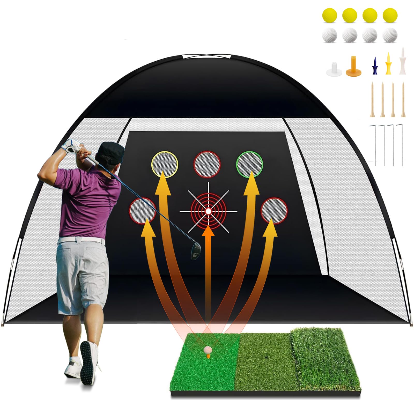 TTCB Sports Red de práctica de golf al aire libre, red de golpeo de golf de 10 x 7 pies para interiores con alfombrilla y corrector de swing para conducir en el patio trasero, astillado, accesorios de