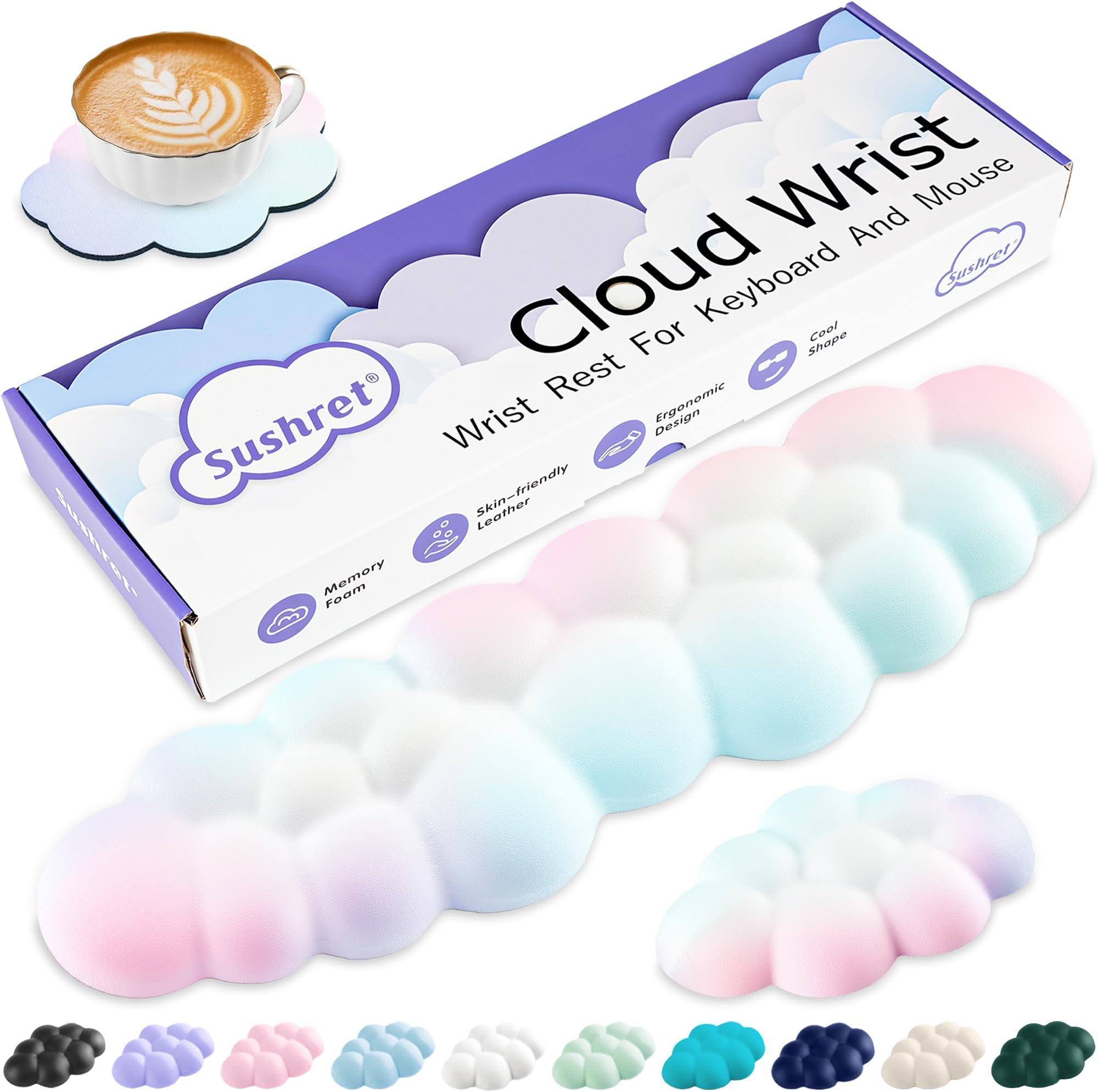 Sushret Cloud Wrist Rest Keyboard, Cloud Keyboard Wrist Pad Set with PU Leather Memory Foam, Cute Arm Rest for Palm Support, PC/Gaming Desk Accessories/Office Setup/Computer Hand Cushion - Rainbow