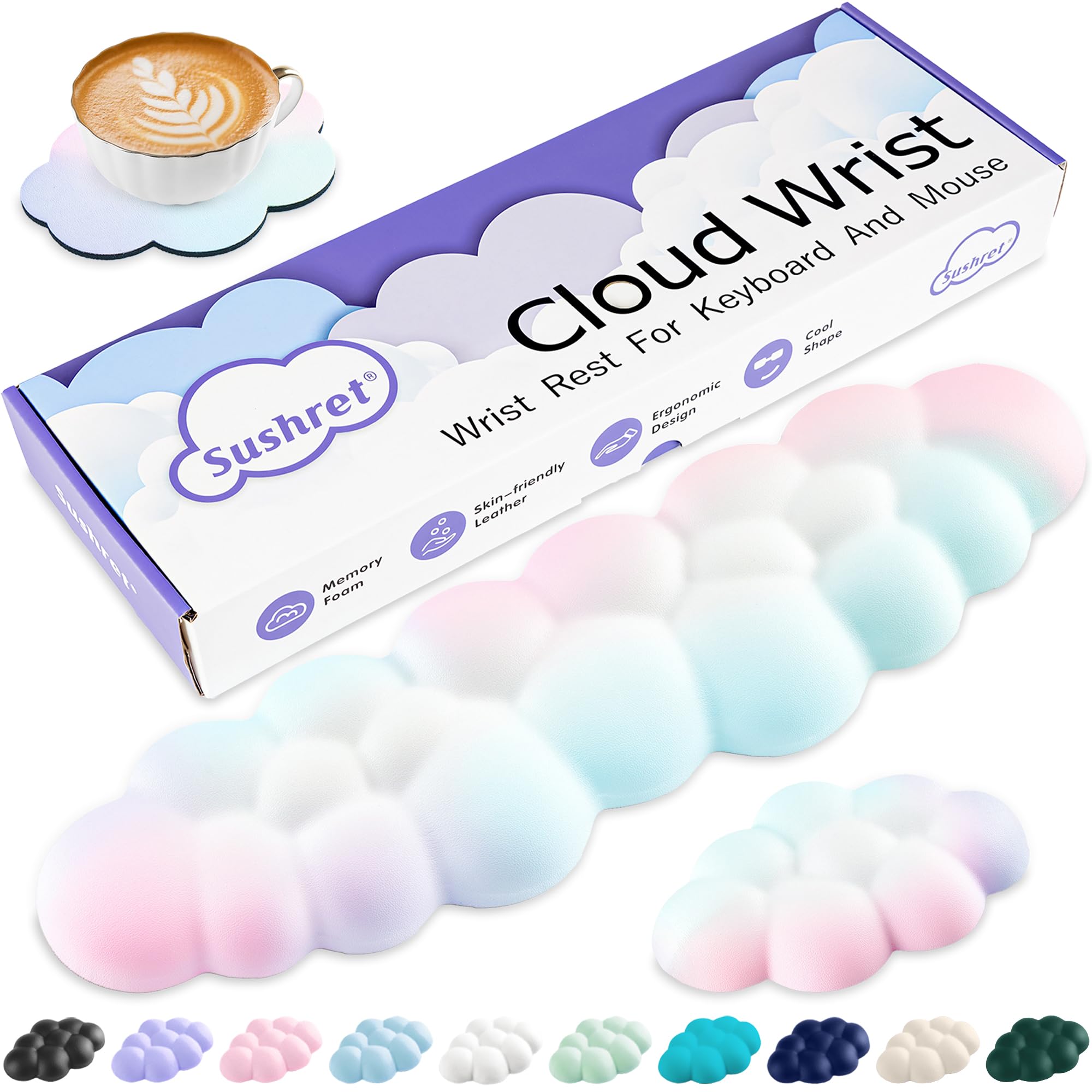 Cloud Wrist Rest Keyboard, Cloud Keyboard Wrist Pad Set with PU Leather Memory Foam, Cute Arm Rest for Palm Support, PC/Gaming Desk Accessories/Office Setup/Computer Hand Cushion - Rainbow