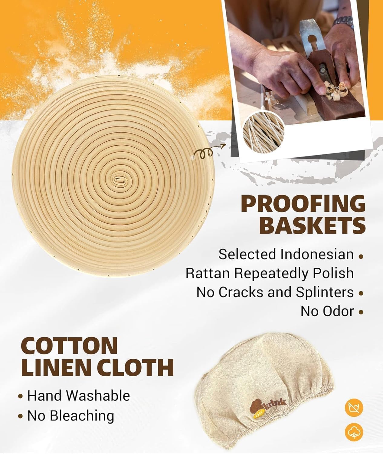 Sauerteig-Set für Anfänger, Brot-Banneton-Gärkörbe, 22,9 cm und 25,4 cm, 1000 ml Sauerteig-Starterglas, indonesisches Rattan-Backzubehör, Brot-Herstellungswerkzeuge, komplettes