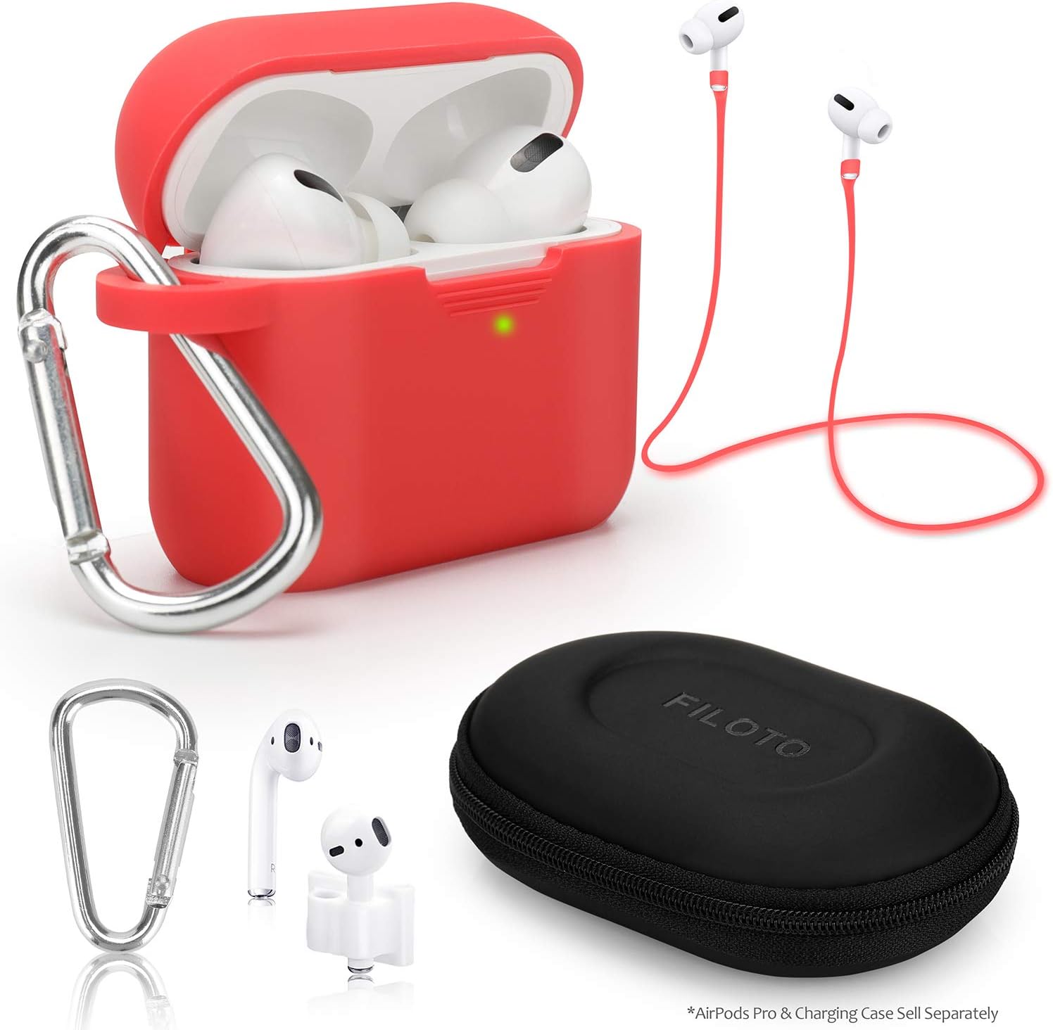 Case for Airpods Pro, Filoto Airpod Pro Accessories Set Silicone Cute Case Cover with Portable Keychain/Strap/Band Holder/Hard Carrying Case for Apple Air Pods Pro(Red)