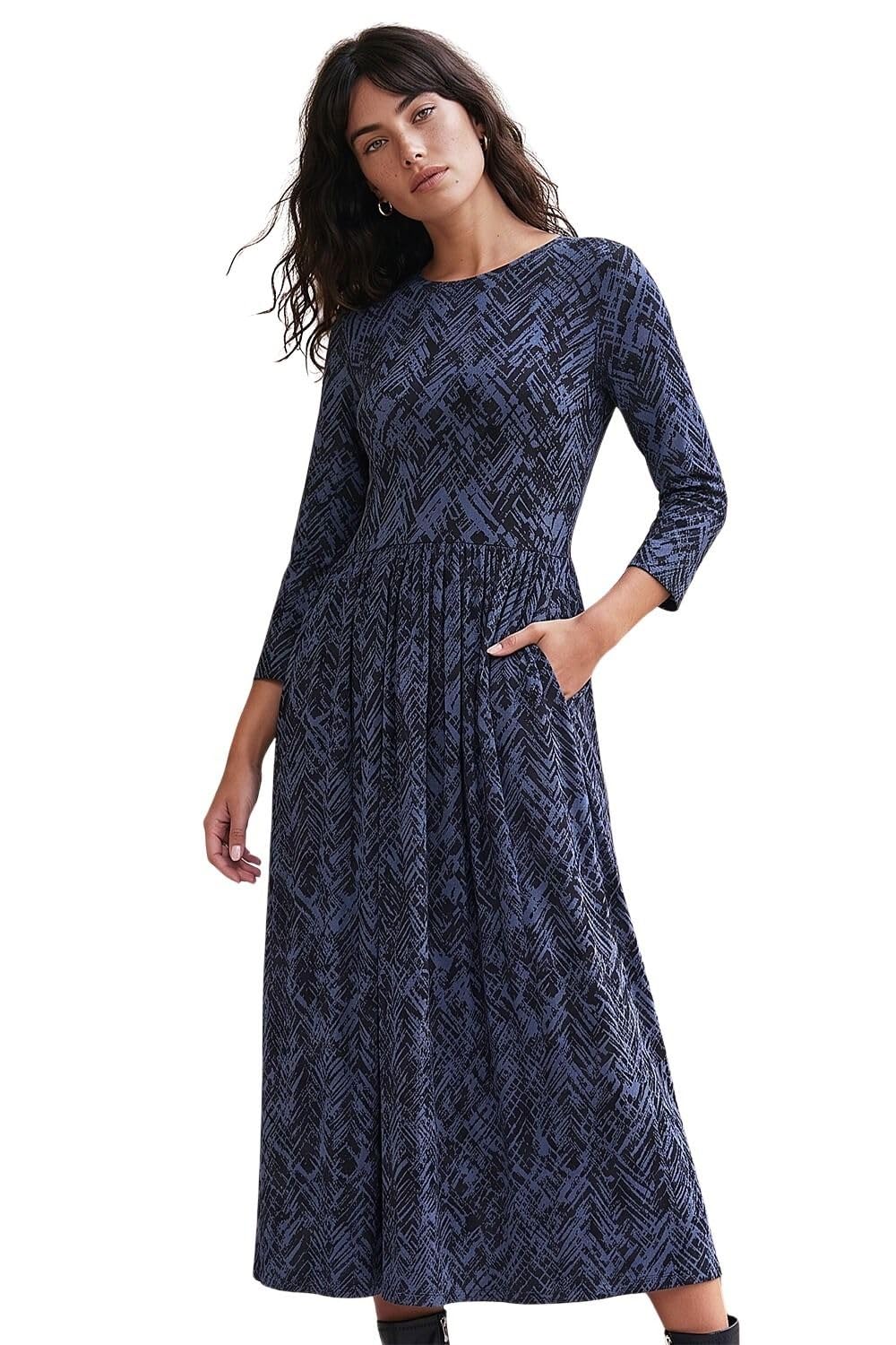 Roman Women's Navy Abstract Print Stretch Midi Dress In Size 18