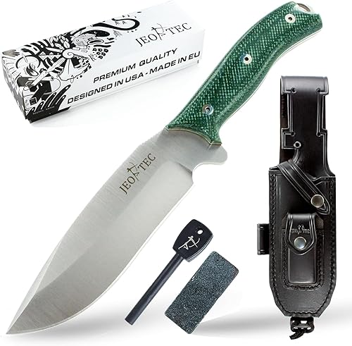 JEO-TEC N9 Bushcraft - Cuchillo de caza de supervivencia acero inoxidable MOVA 110in en total funda de cuero multiposicionado hecho a mano