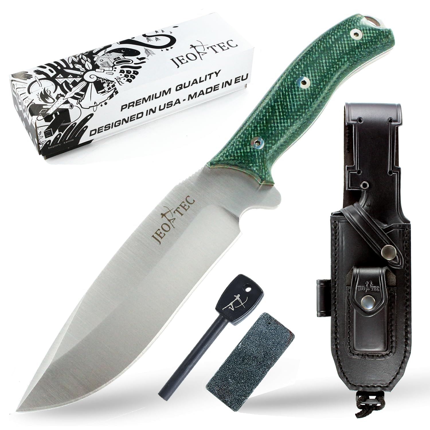 JEO-TEC Nº9 Cuchillo supervivencia caza monte bushcraft camping outdoor campo - Funda de piel con pedernal y piedra afilar incluidos - Acero MOVA-58 - Fabricado en España