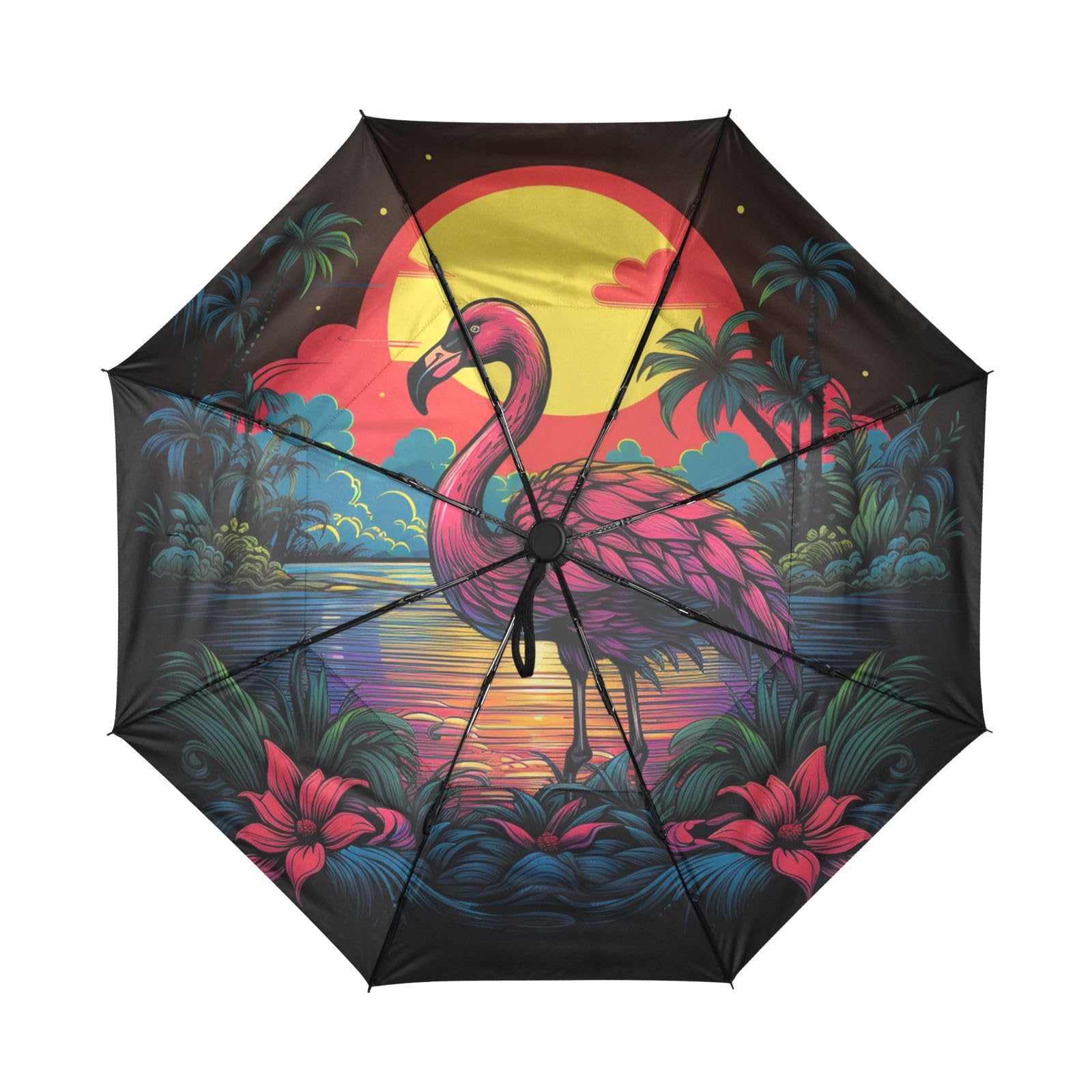 Flamenco De NeóN Fresco Paraguas de Viaje Resistente al Viento Apertura Cierre AutomáTicos,Compacto con ProteccióN Solar UPF 50+ Ideal para JóVenes Chicas