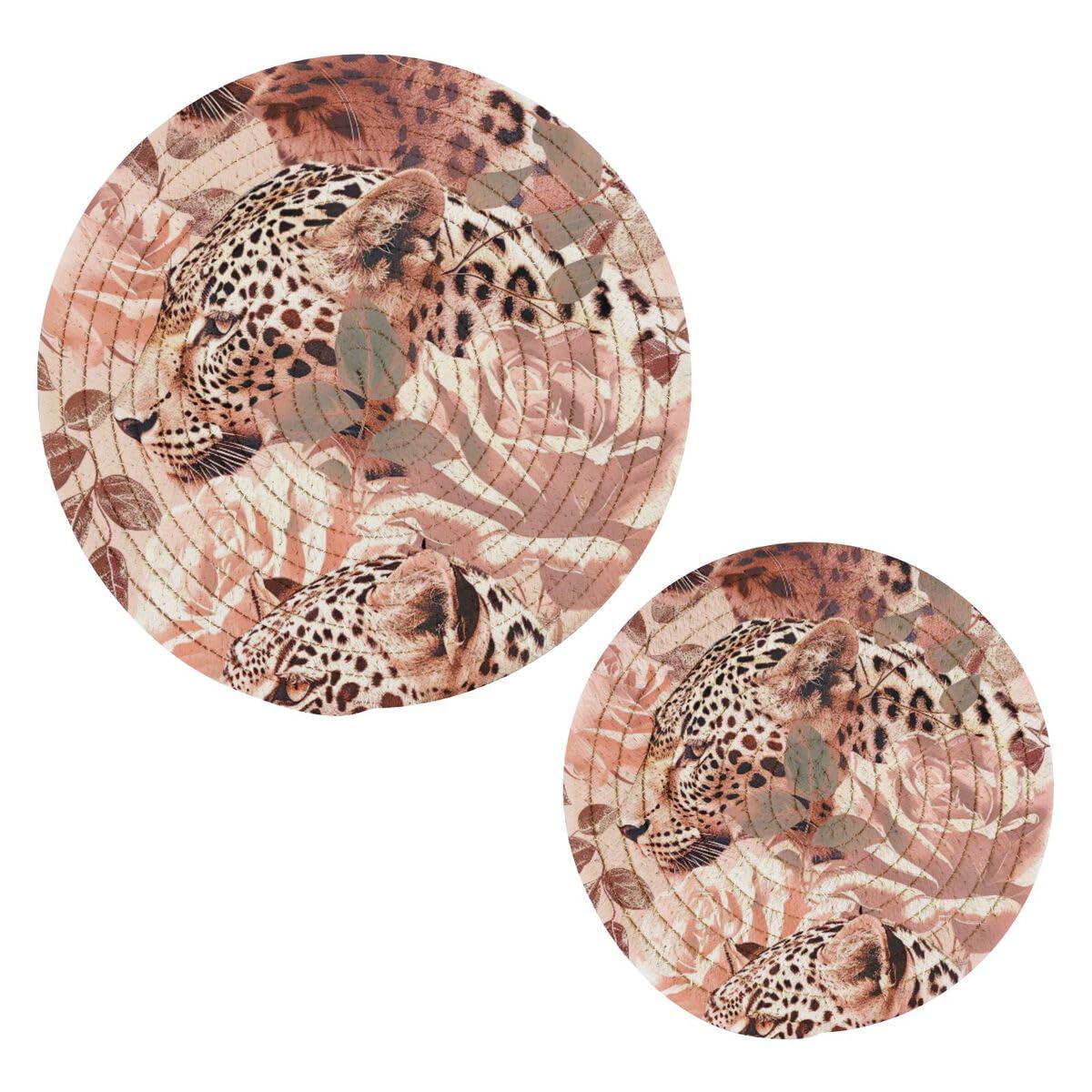 Jumbear A Rose Gold Leopard Pattern Trivets For Hot Pots Nd Pans Nd Pot Holders 2Pcs – Cotton Rope Round Mats, Hot Pads For Kitchens, Coasters, Placemats, Spoon Rest For Cooking Nd Baking