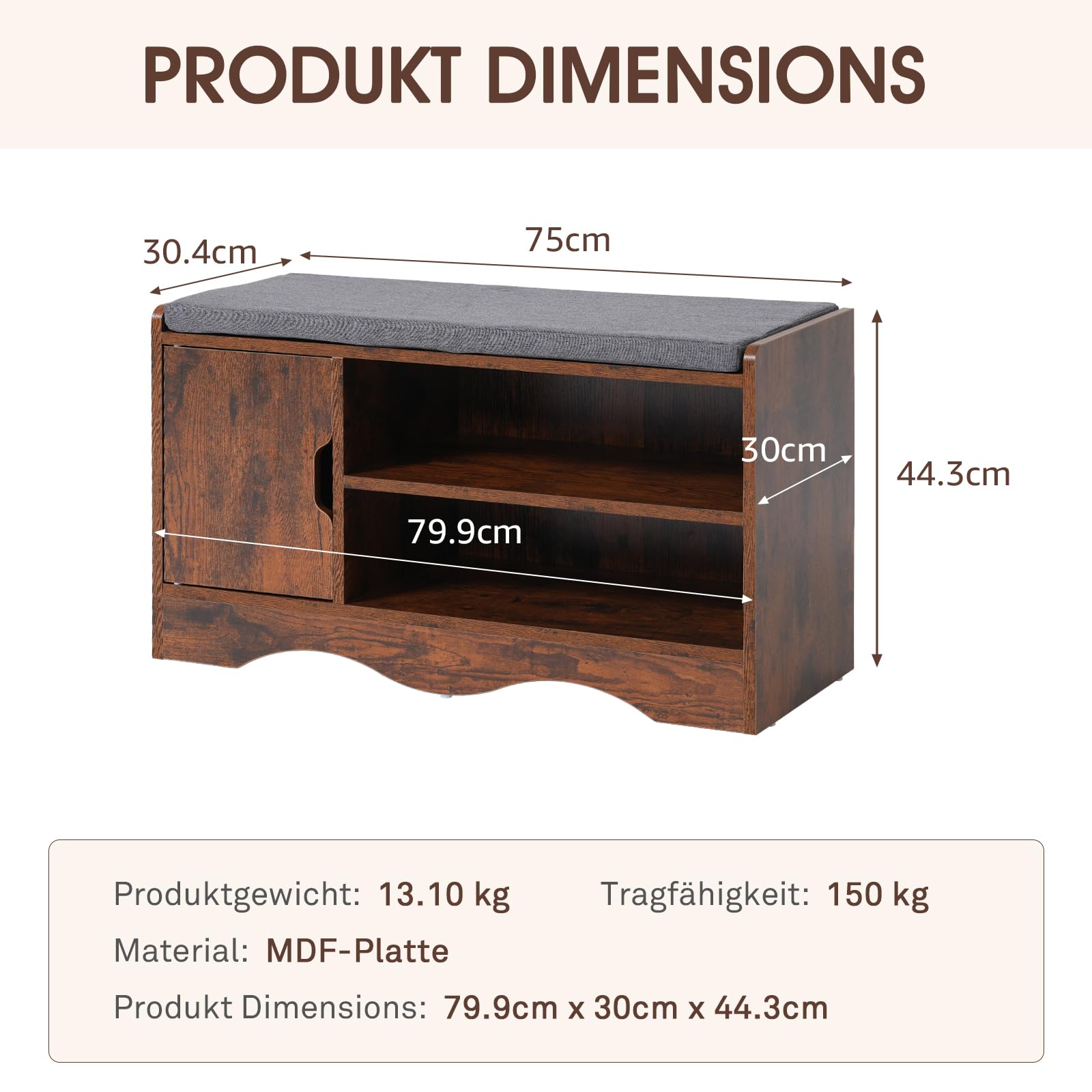OC Orange-Casual Schuhbank, Schuhregal mit Stauraum&Sitzfläche, Schuhschrank mit 2 offene Fächern&Tür, bis zu 150 kg belastbar, eigenet Sich für Flur, Wohnzimmer, Büro, Braun