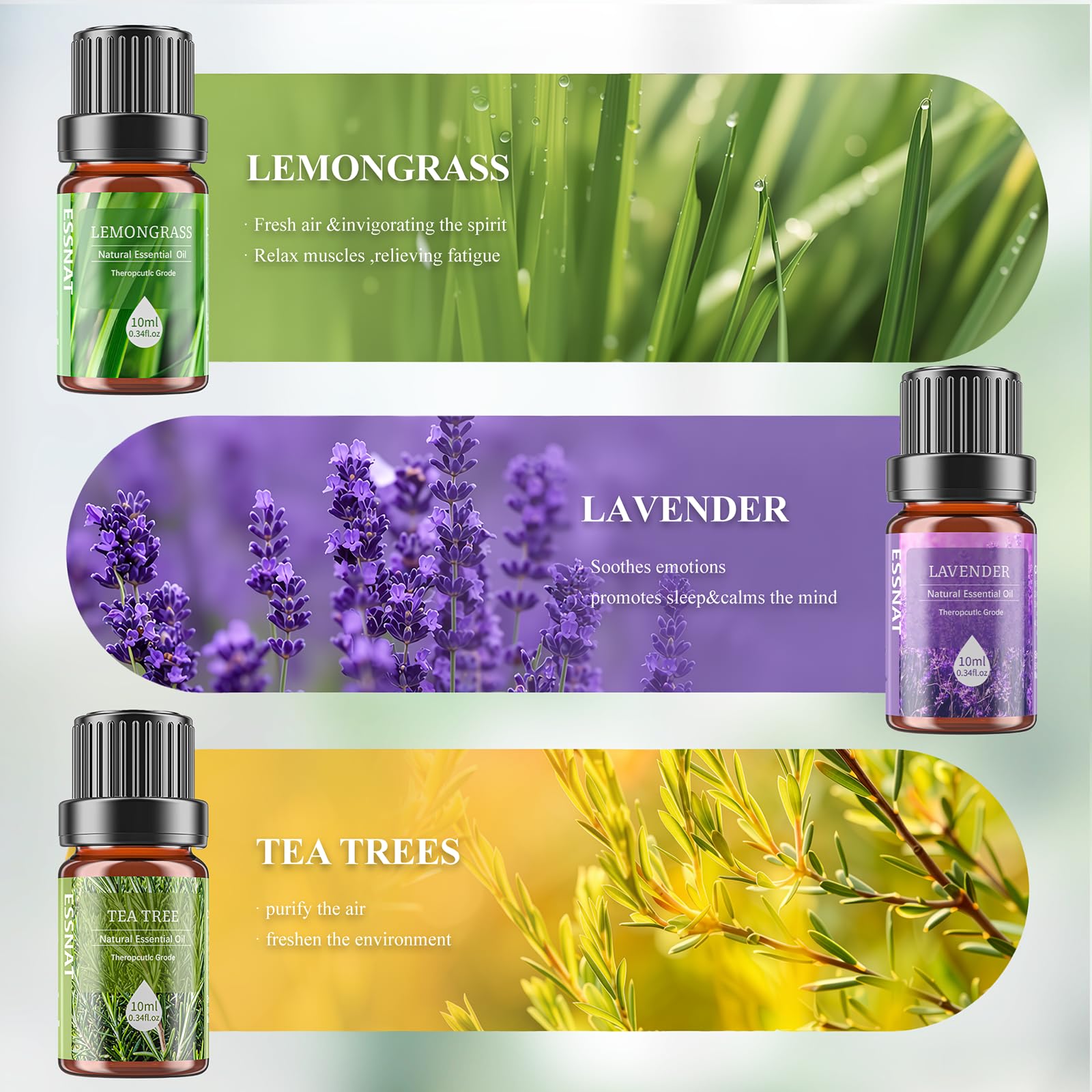 Oli Essenziali Set per Diffusore 6x10ML, Oli Essenziali Naturali per Aromaterapia,SPA – Lavanda,Menta Piperita,Eucalipto,Arancia Dolce,Tea Tree,Lemongrass – Oli Essenziali per Diffusori Casa