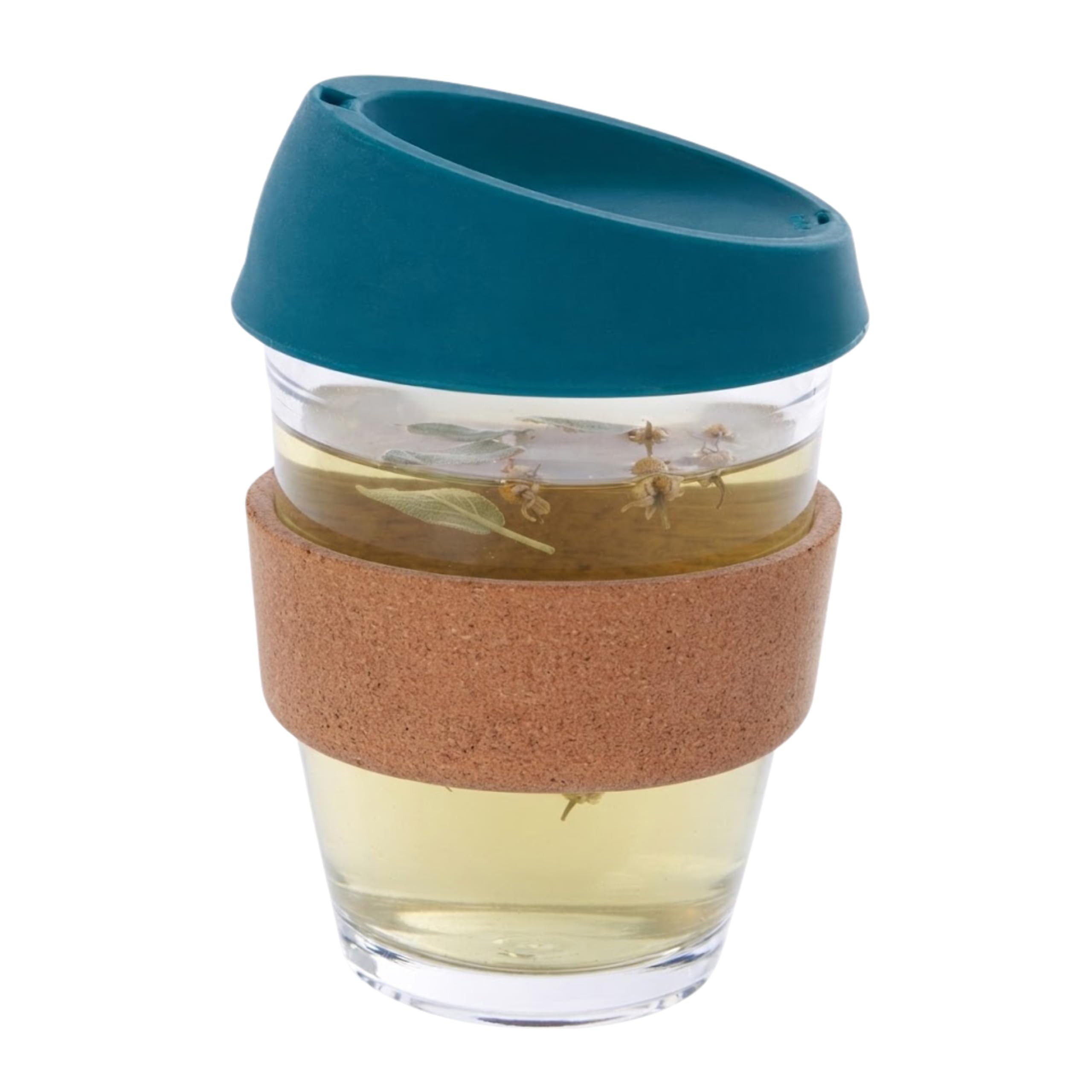Premier Housewares Glass Mug - Red Silicone Lid - Cork Wrap - Dark Green