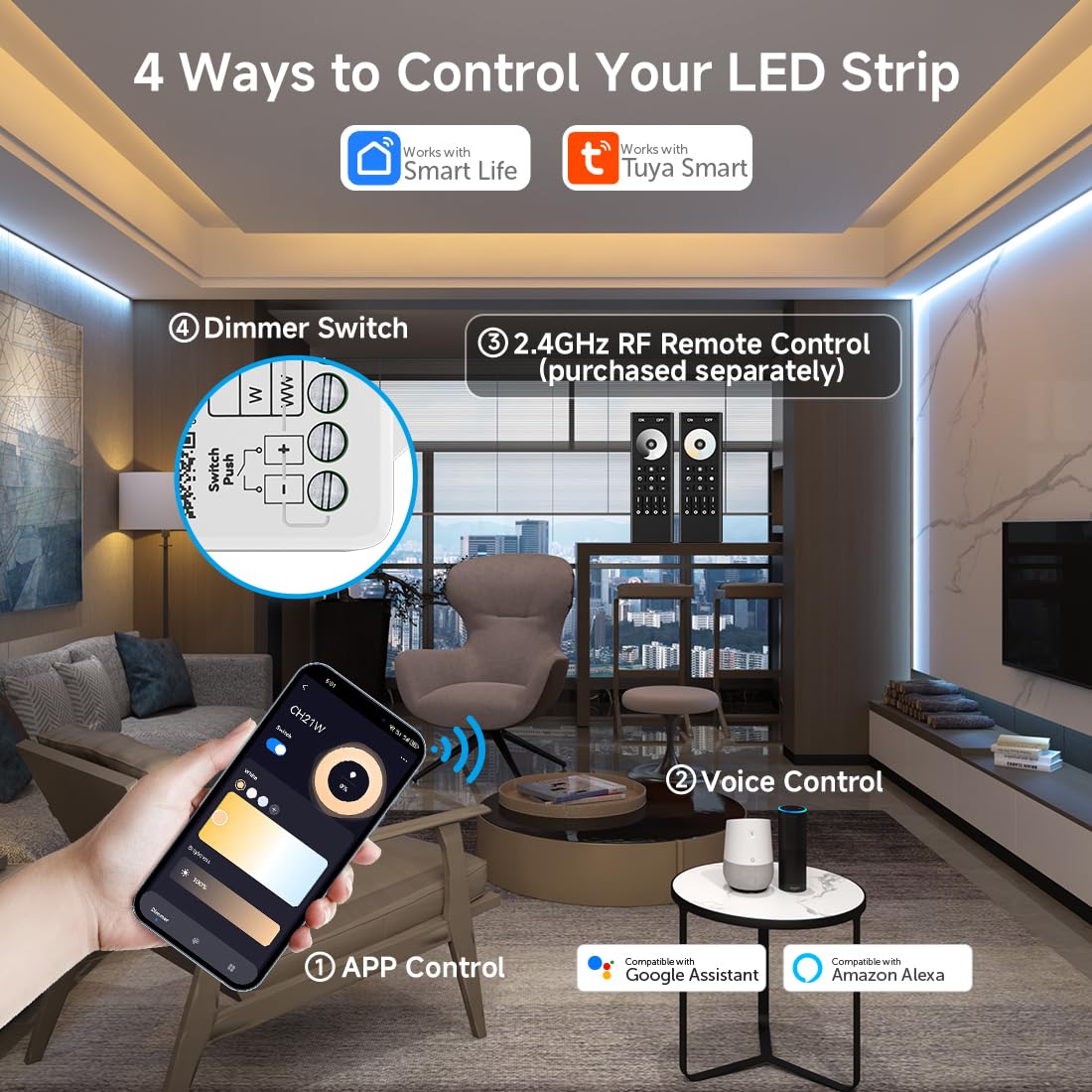 SEZO CH21W 2IN1 WiFi 2.4G RF LED Controller 20kHz Alta Frecuencia PWM Dimmer | DC12V-24V Control Monocolor CCT LED tiras para sin parpadeo, sin sonido, compatible con Alexa, Tuya y Smart Life App