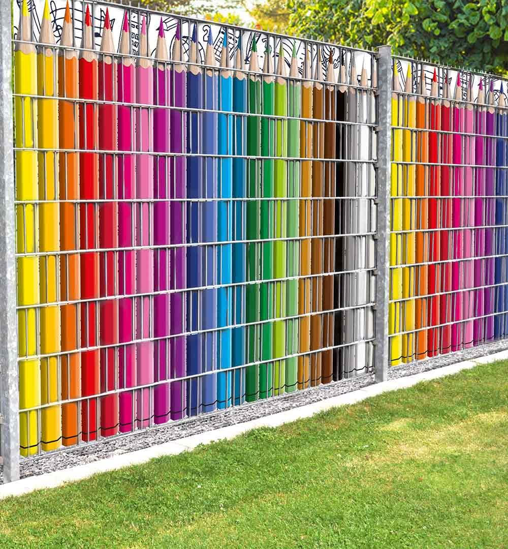 MyMaxxi Infinity Zaunsichtschutz | Stifte Motiv 9 Streifen | Sichtschutzstreifen für Doppelstabmattenzaun | Windschutz Sonnenschutz Blickdicht | Sichtschutz Garten | Plane Sichtschutz