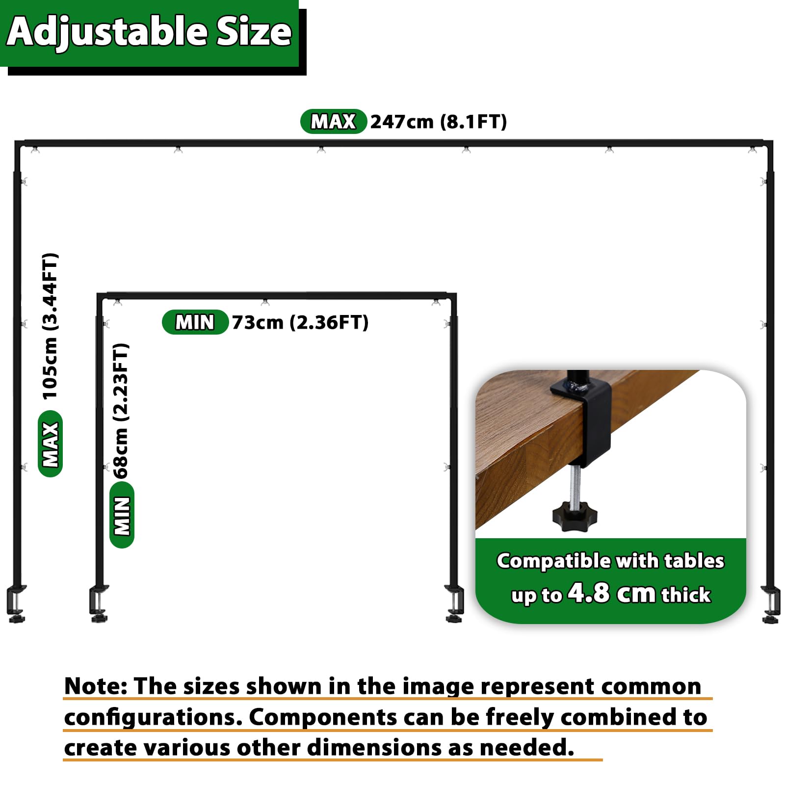 Supporto ad Arco da Tavolo Regolabile con Morsetti – Stand per Arco di Palloncini per Matrimonio, Compleanno e Decorazioni di Natale (Lunghezza 73-247cm, Altezza 68-105cm, Nero)