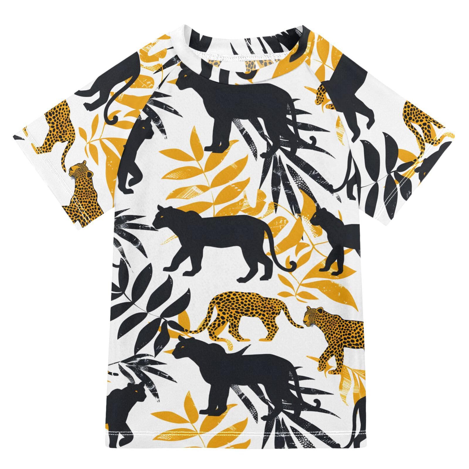 ALAZA Boys Swim Shirts Toddler Rash Guard Short Sleeve Rashguard Leopards Cheetah Panther UPF 50+ 11-12T