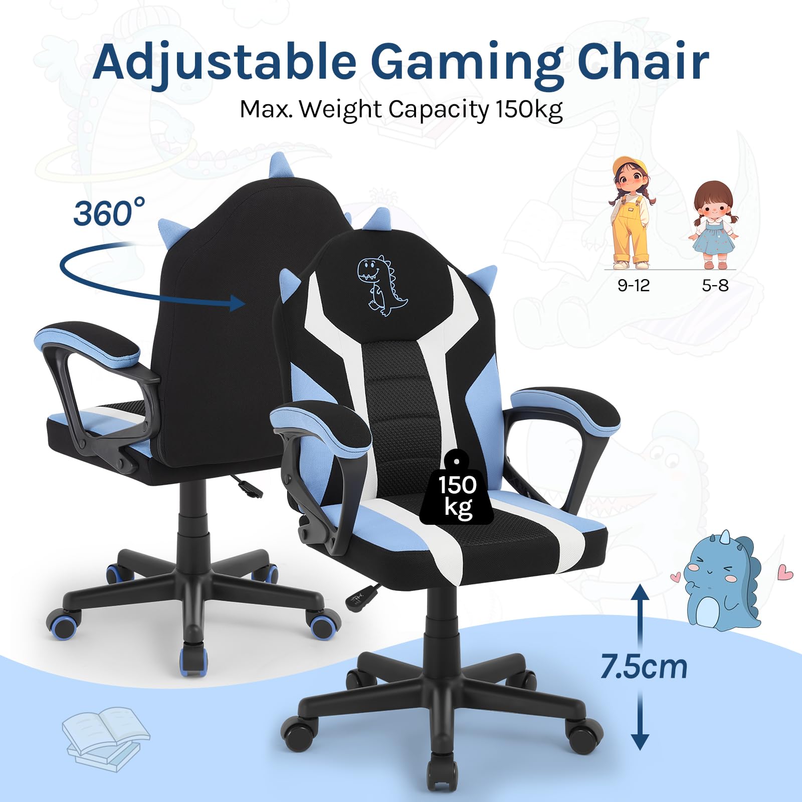 WOLTU Silla Gaming Infantil, Silla Escritorio Ergonómica con Respaldo y Reposabrazos, Sillón de Estudio para Habitación Infantil, con Ruedas Sustituidas, Tela de Malla, Dinosaurio Azul
