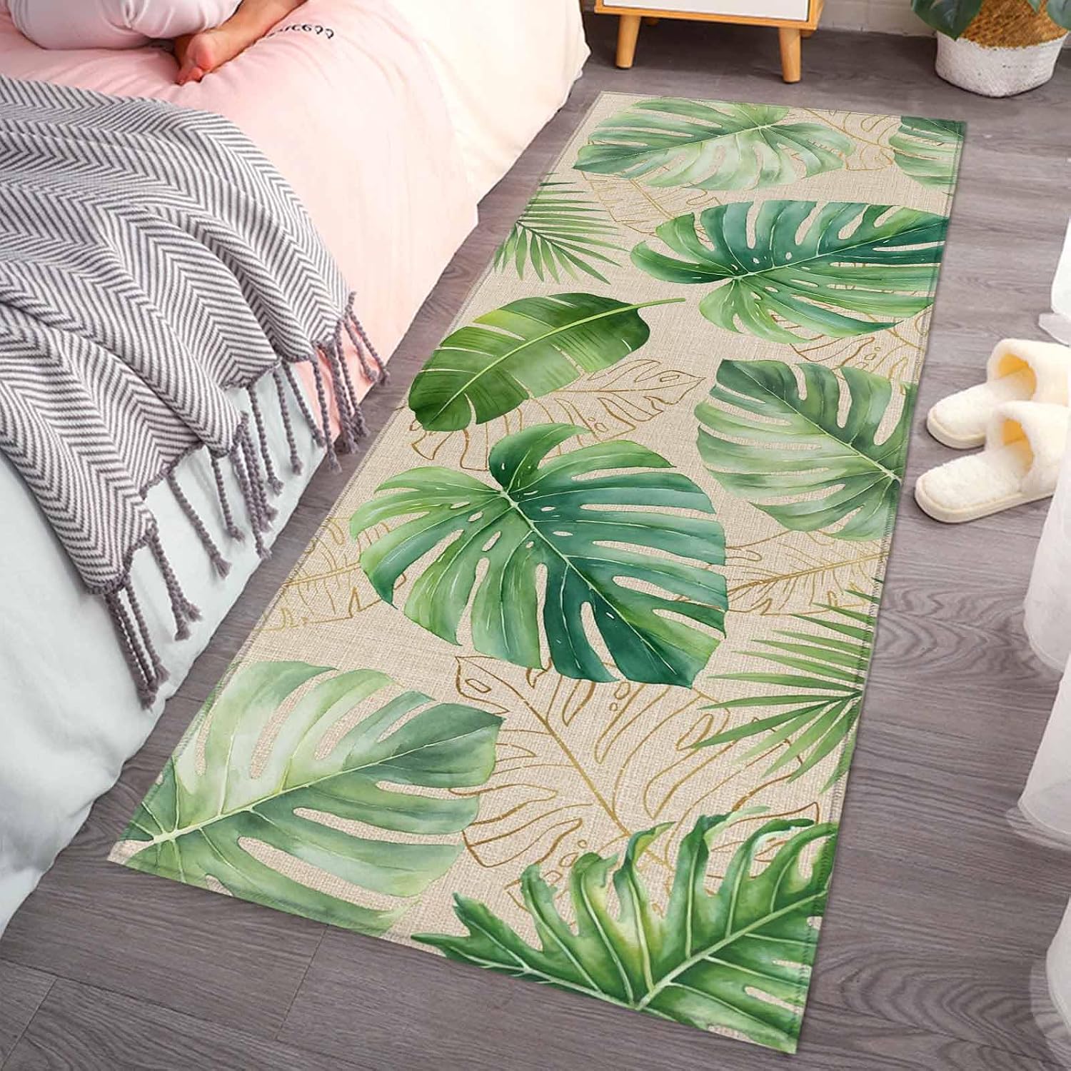 Teamery Kitchen Mats for Floor Summer Watercolor Leaves on Burlap Washable Non Slip Kitchen Rugs 1PCS, Farm Monstera Plant Absorbent Standing Mats for Sink Bathroom Office Living Room 23.6x70.9in