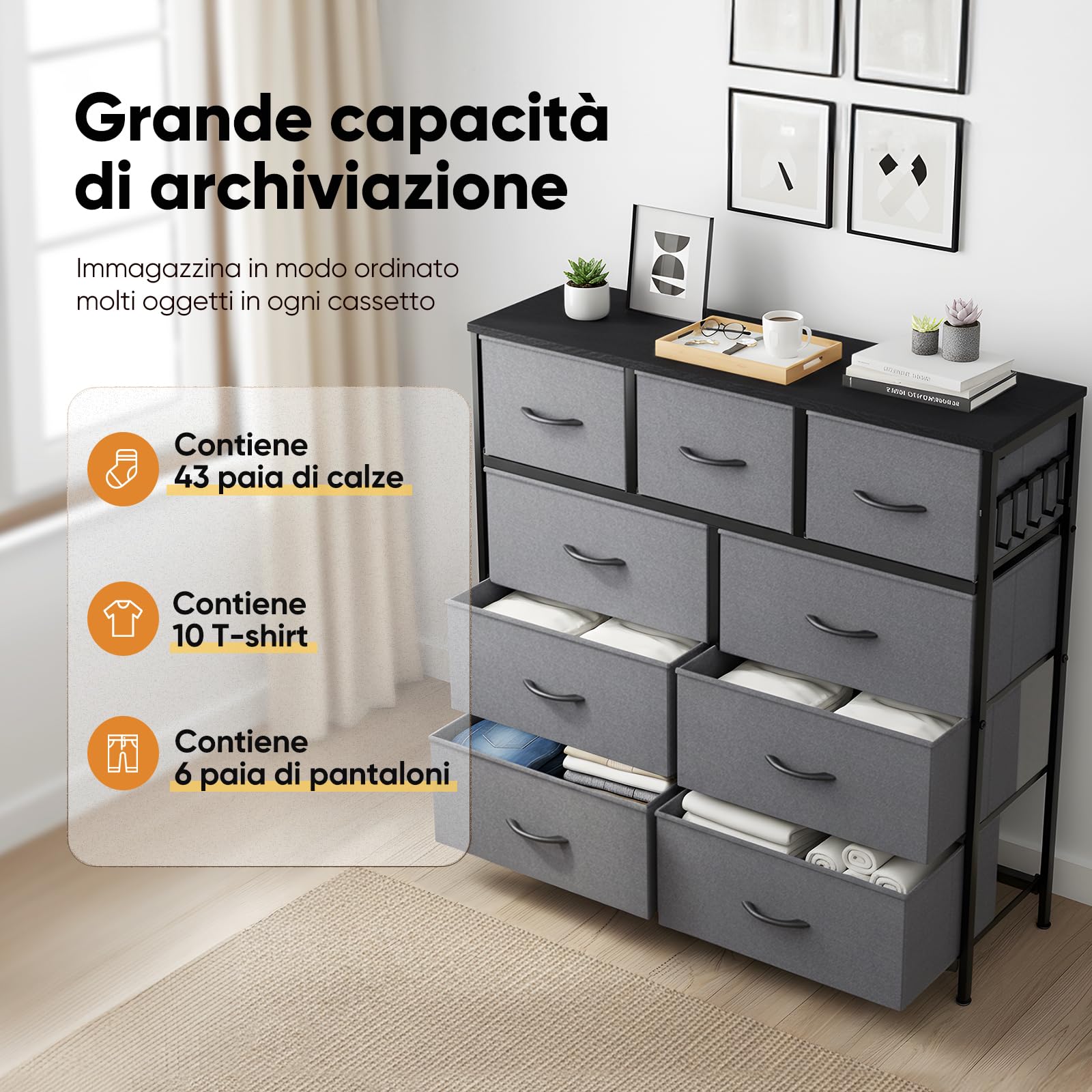 HOKEEPER Cassettiera in Tessuto con 9 Cassetti, Mobile Salvaspazio per Casa, Cassettiera Stretta e Alta con Capacità Grande per Camera da Letto, Sala, Corridoio - Grigio