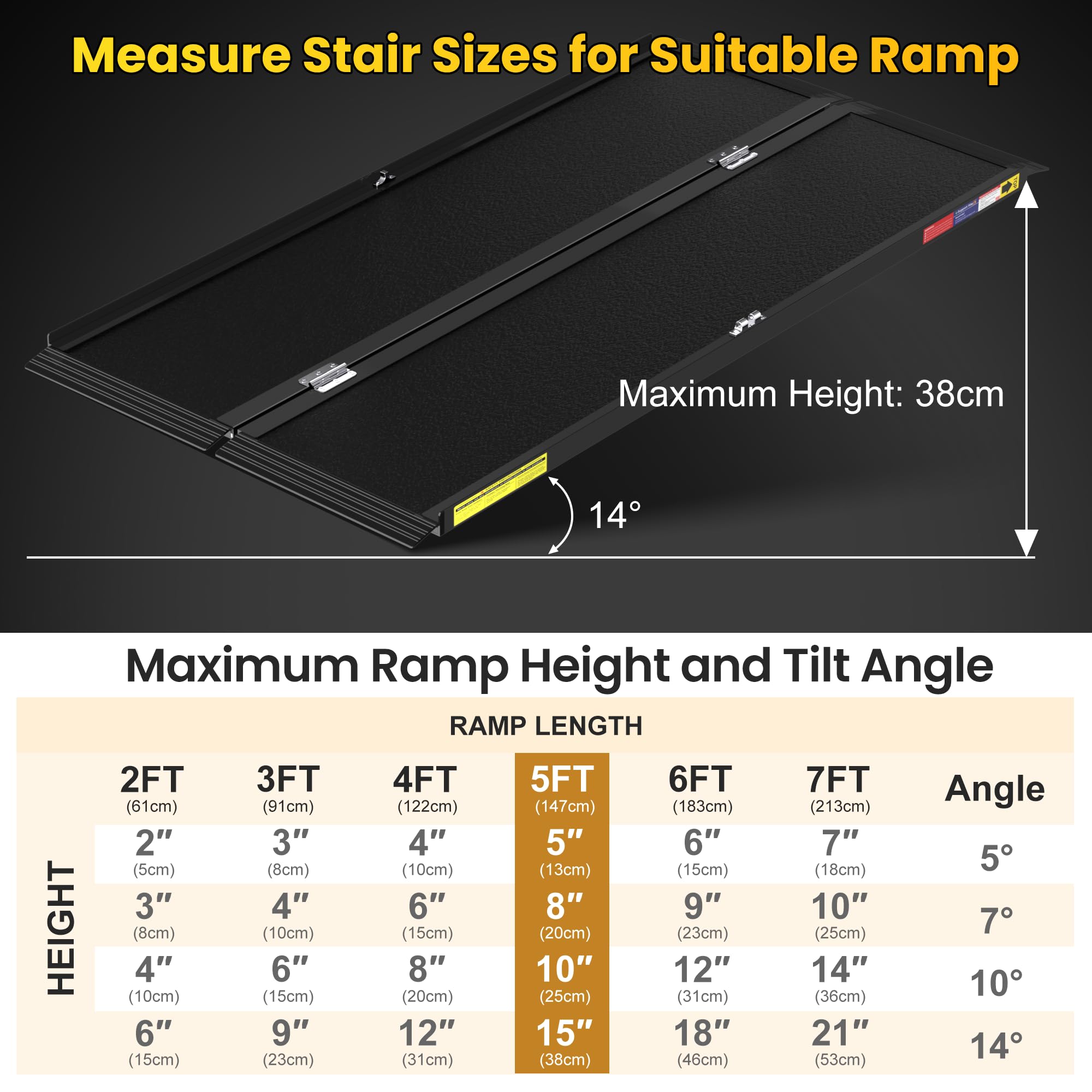 Nelyrho Rampa plegable de aluminio para silla de ruedas de 5 pies, superficie antideslizante, diseño de bloqueo rápido, rampa de umbral portátil para escalones y puertas del hogar, color negro