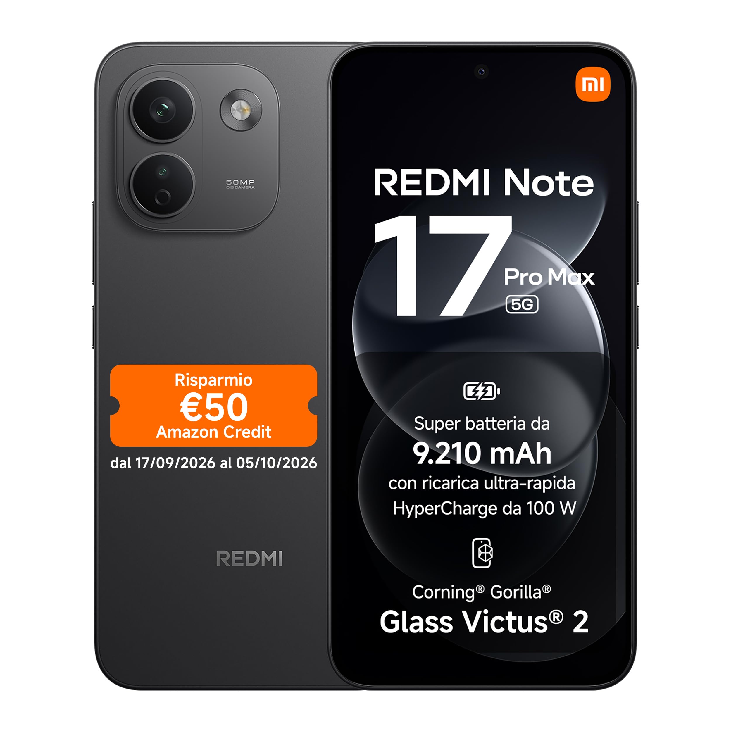 REDMI Note 17 Pro Max 5G, Smartphone 8+512GB, Black, Batteria 9210mAh | Snapdragon® 6 Gen 5, Fotocamera OIS 50MP, HyperCharge 100W, Resistenza IP66/IP68, Flagship Display, Xiaomi HyperAI