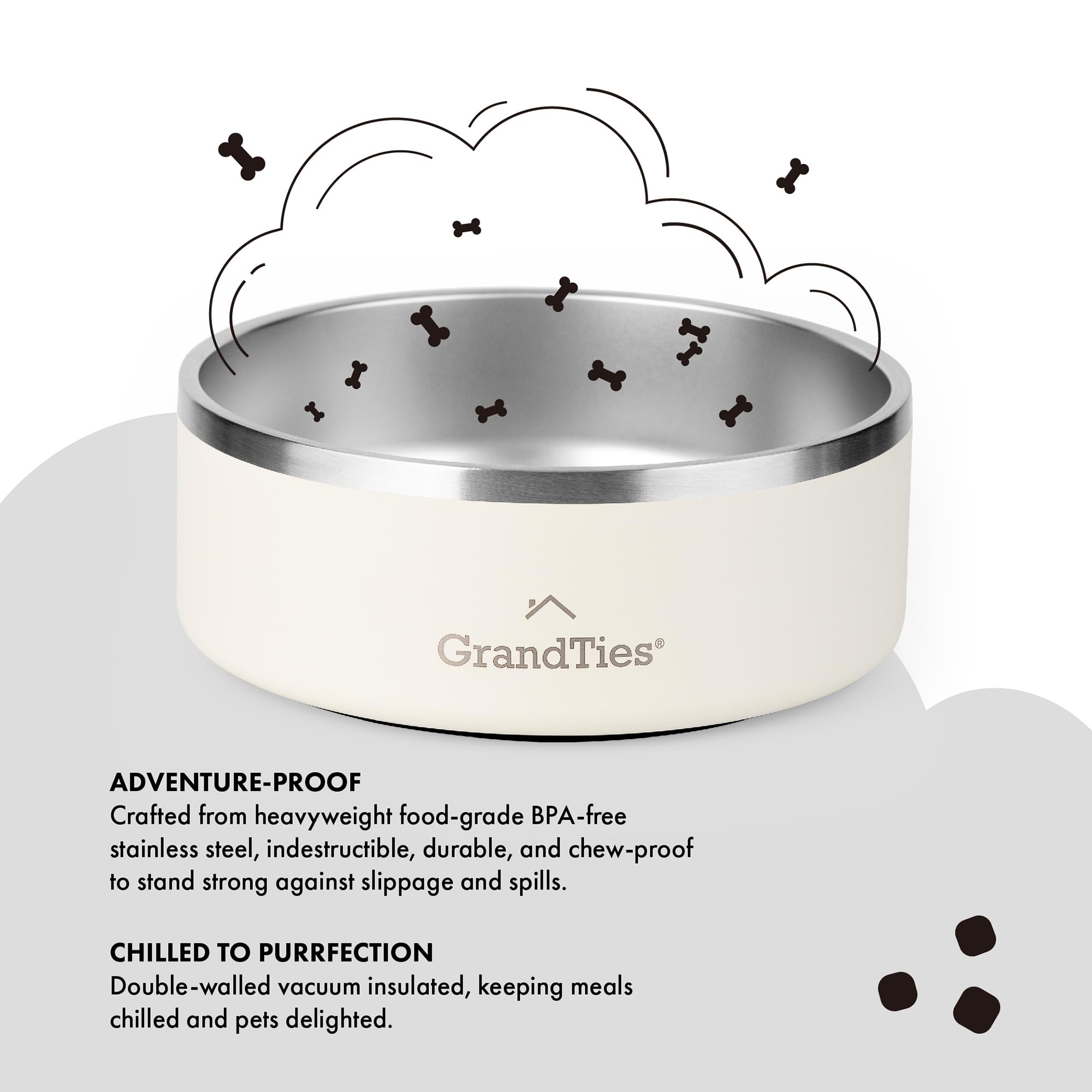 GrandTies Stainless Steel Engraved Pet Bowl, Ivory White, 42oz - Image 3