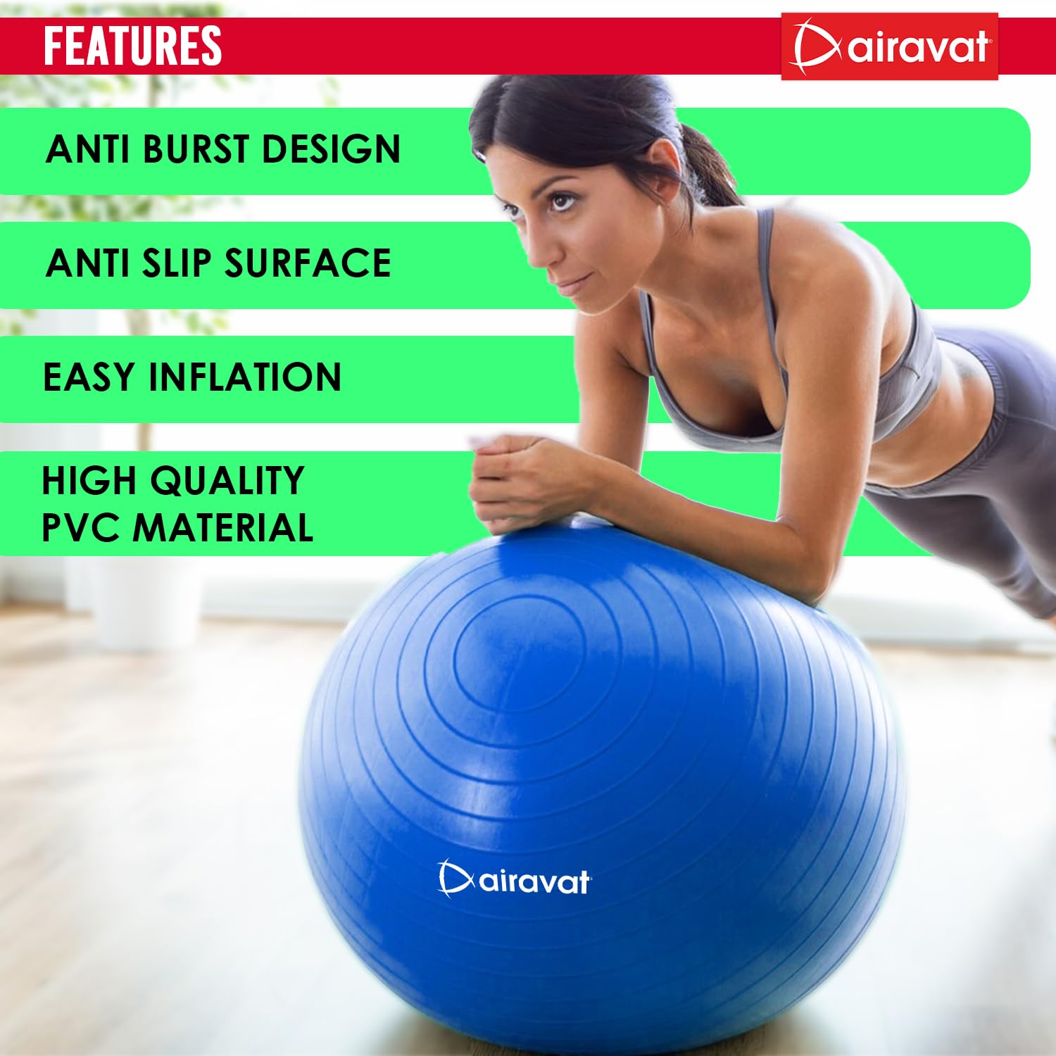 AIRAVAT Yoga Ball Exercise Ball for Workout, Anti-Burst and Slip Resistant Stability Ball, Swiss Ball for Physical Therapy, Balance Ball Chair, Home Gym Fitness (Blue- 65cm) 2