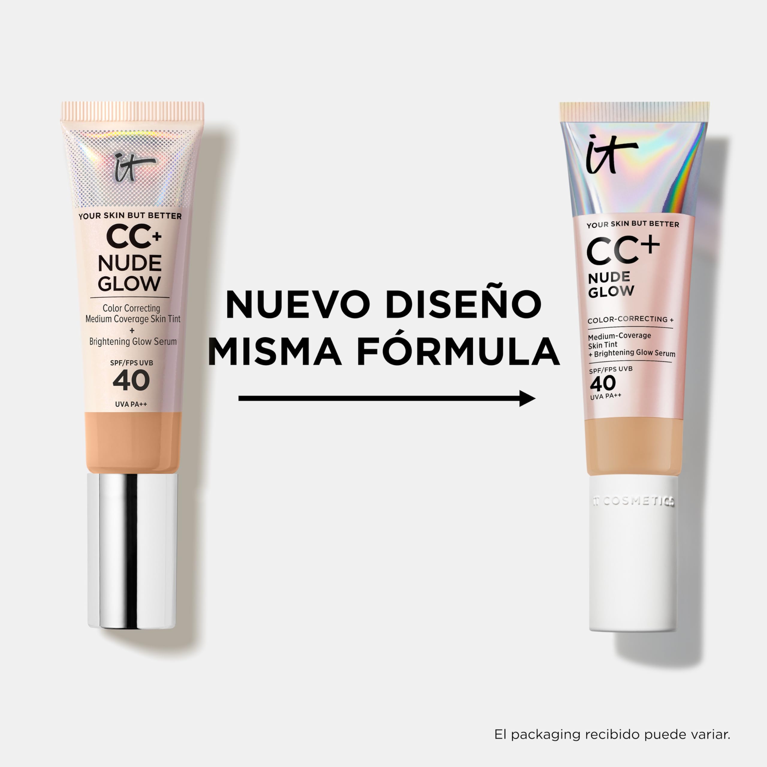 IT Cosmetics, Base de Maquillaje, Tratamiento Antiedad e Hidratante con SPF40, Cobertura Media, Acabado Luminoso, 12 Tonos Disponibles, Light, YSBB CC+ Nude Glow, 32 ml