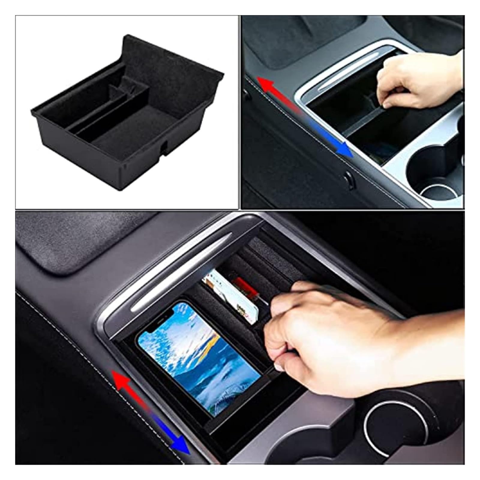 Set 3 Pezzi Organizzatore Console Centrale Per Tesla Model 3/Y 2021-2023, Vassoi In ABS Floccato Con Cassetto, Accessori Interni Antiscivolo - 3
