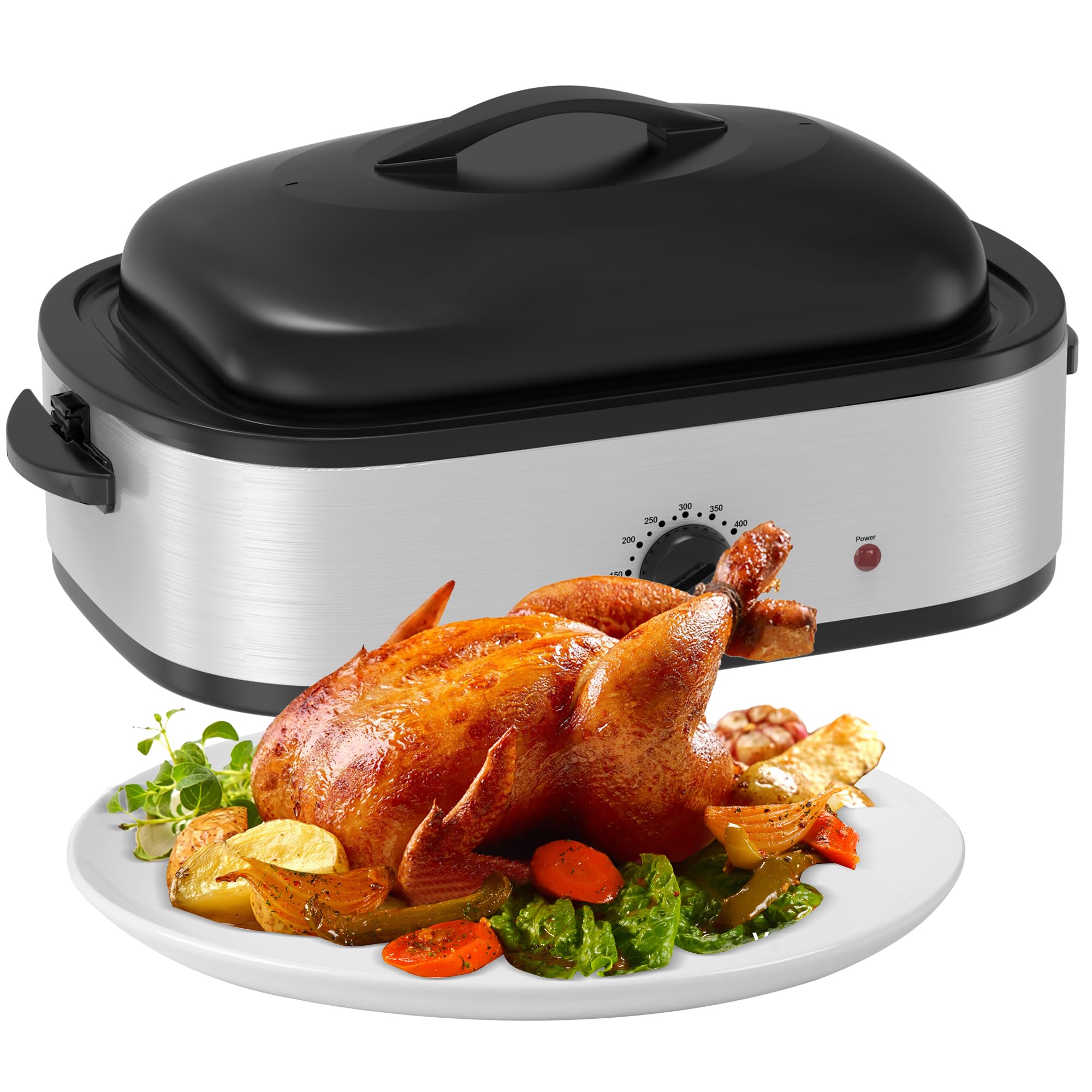 14 Quart Roaster Oven with Self-Basting Lid, Turkey Defrost & Warm Function, Turkey Roasting Pan with Removable Roasting Rack, Adjustable Temperature for Use as a Slow Cooker, Stainless Steel, Silver