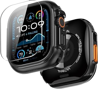 ULTIMAL 3 in 1 Alloy Case for Apple Watch Ultra 3/2/1 49mm with Dual-Layer Shockproof Bumper, 9H Tempered Glass Screen Protector & Ceramic-Like Back Cover, Black