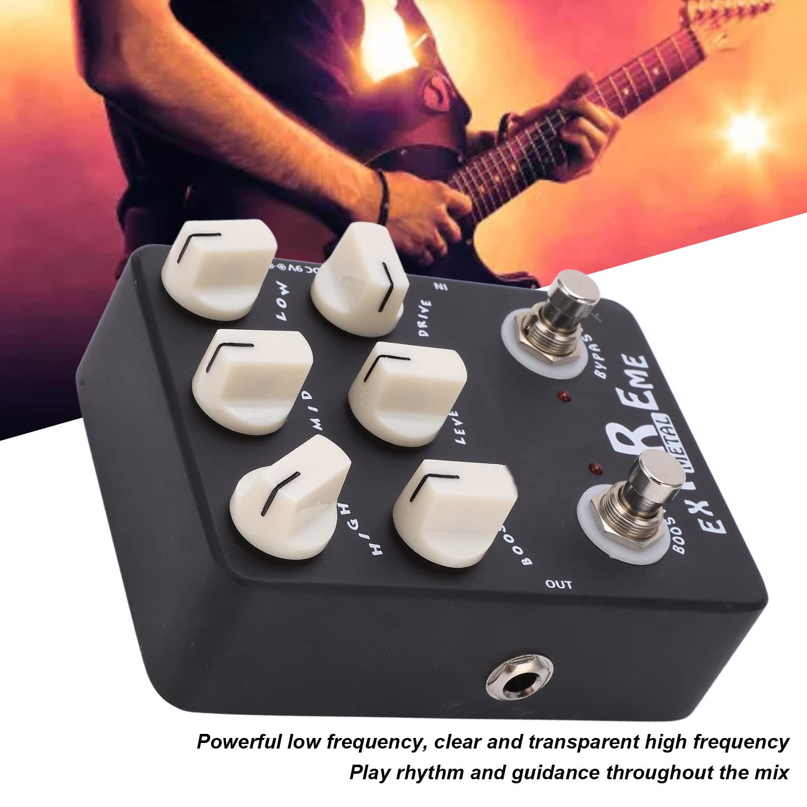 Pedale Effetto Distorsione in Metallo con Equalizzatore a 3 Bande e Controllo del Guadagno per Chitarra Elettrica Black Metal