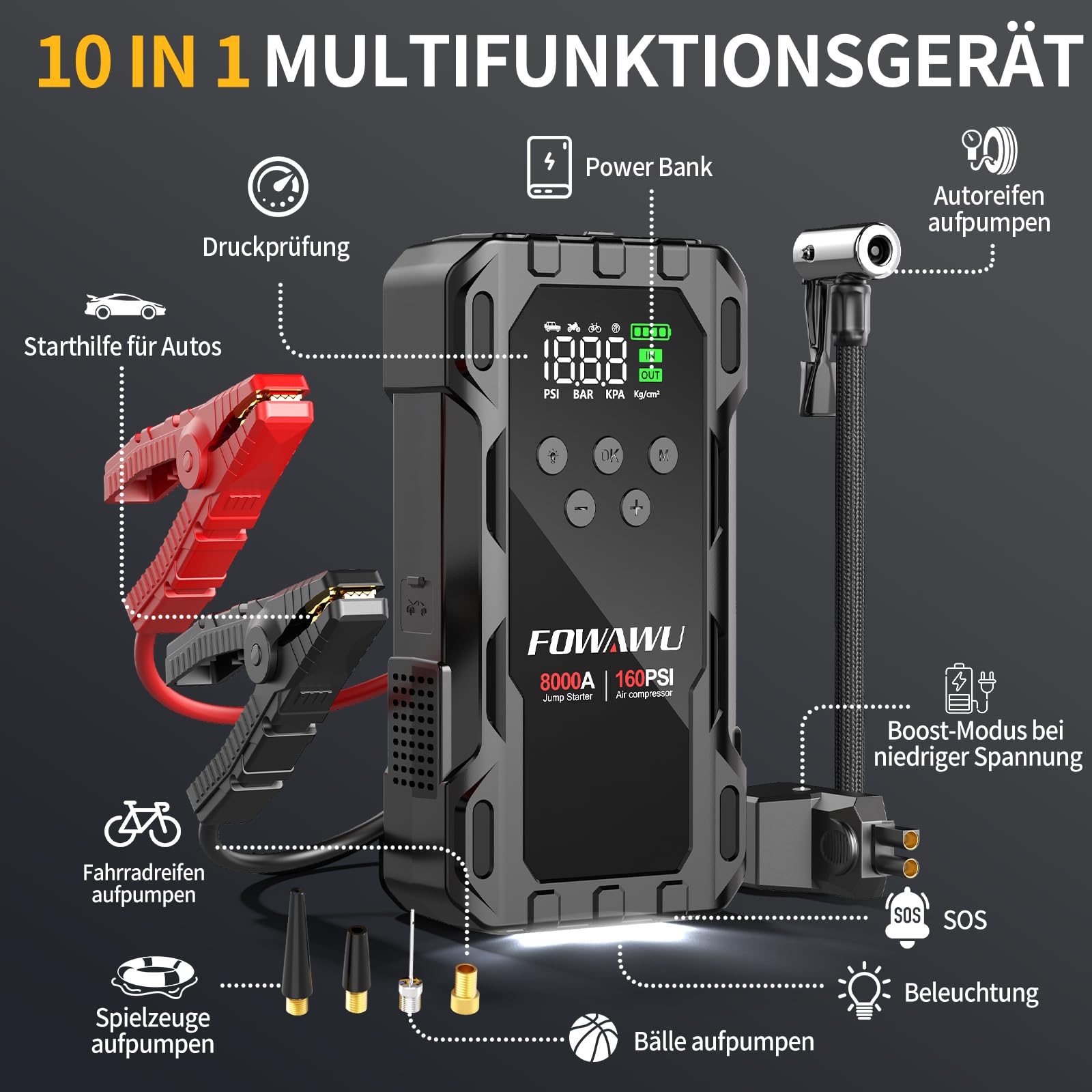 FOWAWU Starthilfe Powerbank für Pkw mit Kompressor 160PSI, 26800mAh 8000A Auto Starthilfegerät für All Benzin und 10.0L Dieselmotor, Boost-Modus bei Niedriger Spannung und 600LUM LED-Licht