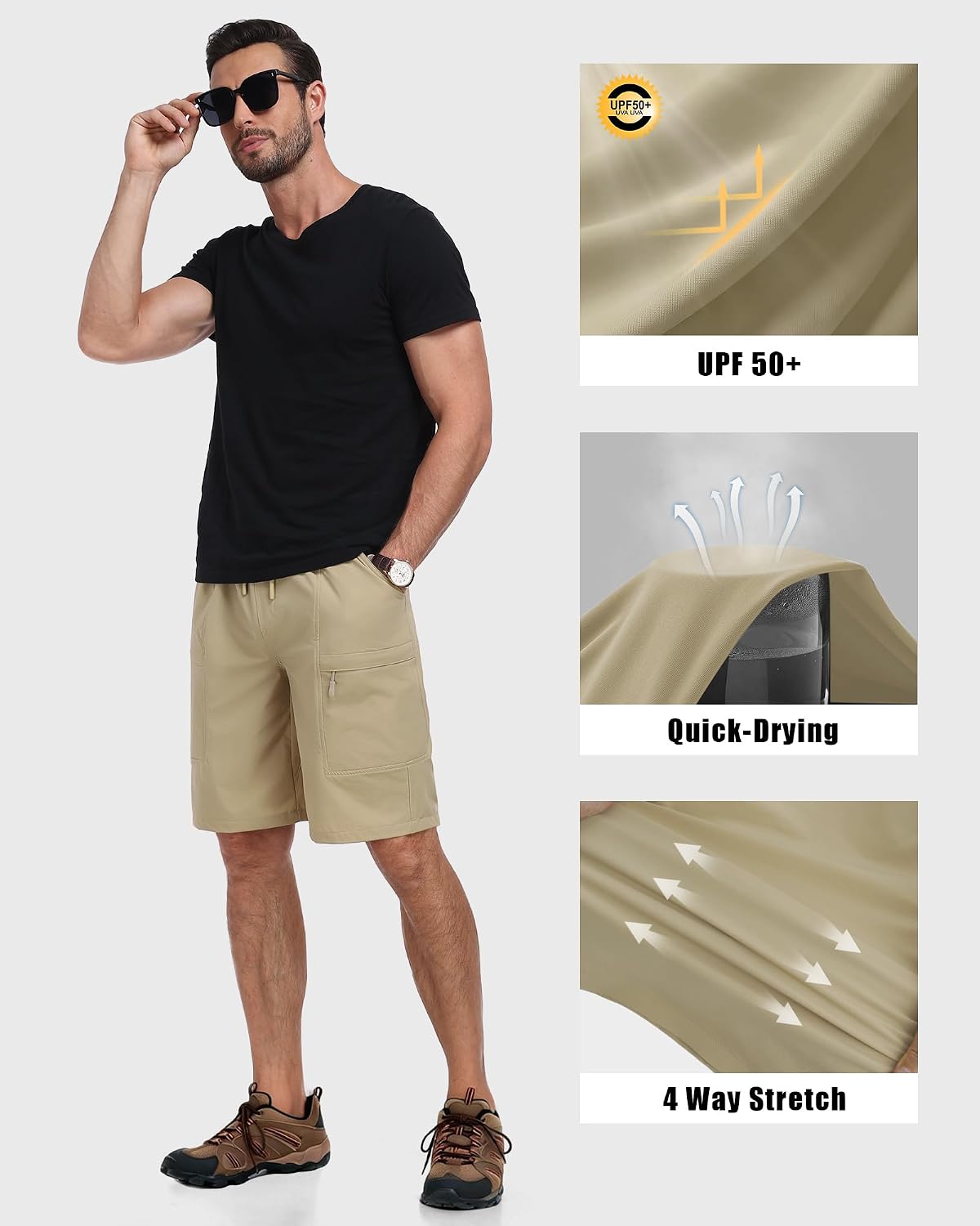 Men's Stretch Cargo Shorts Drawstring Elastic Waist Outdoor Work Hiking Athletic Shorts with 5 Pockets
