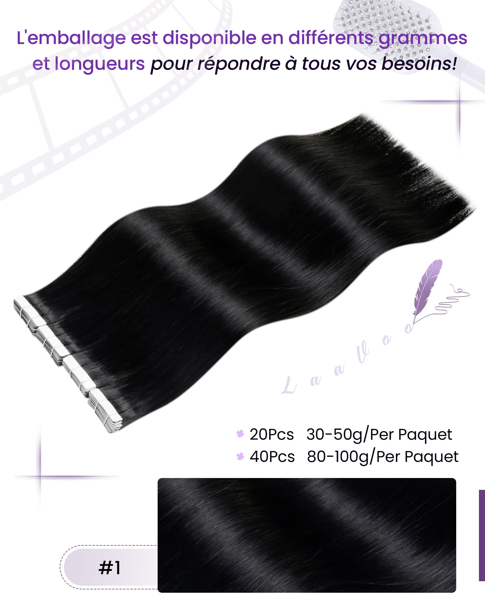 LaaVoo Extension Cheveux Naturel Adhesive Noir Profond 20pcs 55cm Humain Cheveux Extension Adhesif 50g Lisse #1