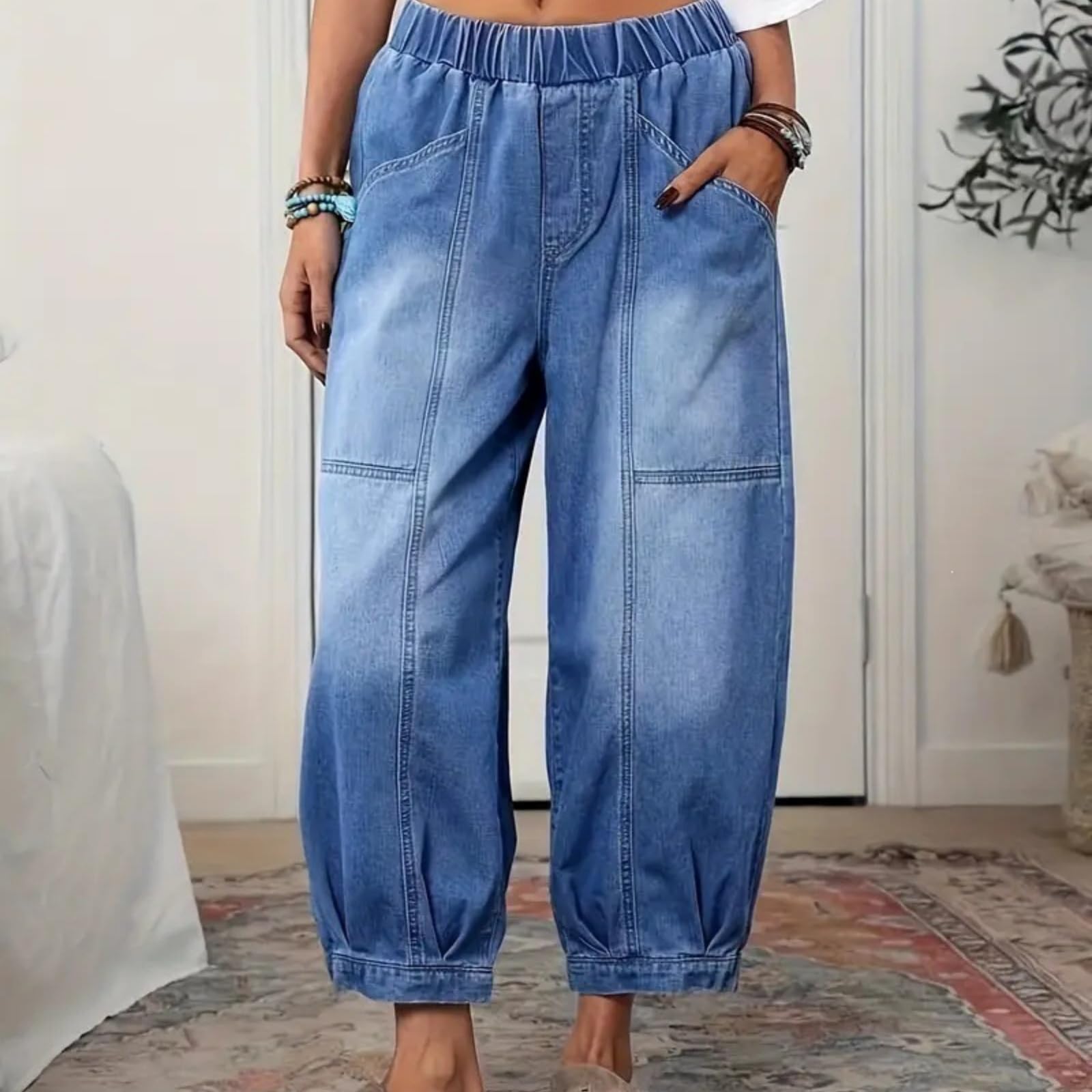 Damen Baggy Straight-Leg-Jeans Trendige Distressed Elastische Taille Lockerer Sitz Jeans Cropped-Hose