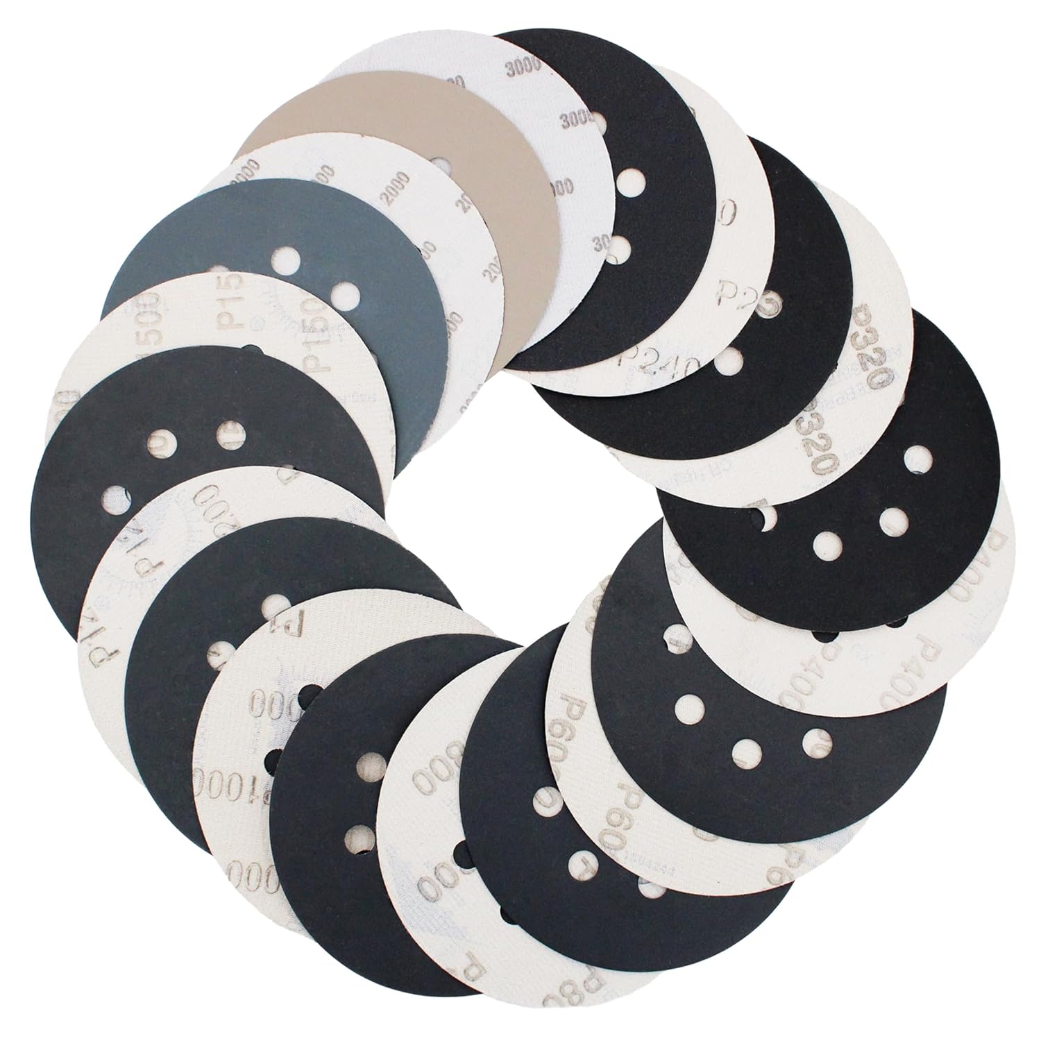 100PCS 5 inch Sanding Discs, Sander Pads Hook & Loop Sandpaper Assortment, 240/320/400/600/800/1000/1200/1500/2000/3000 Grits for Random Orbital Sander, for Wood Metal Automotive