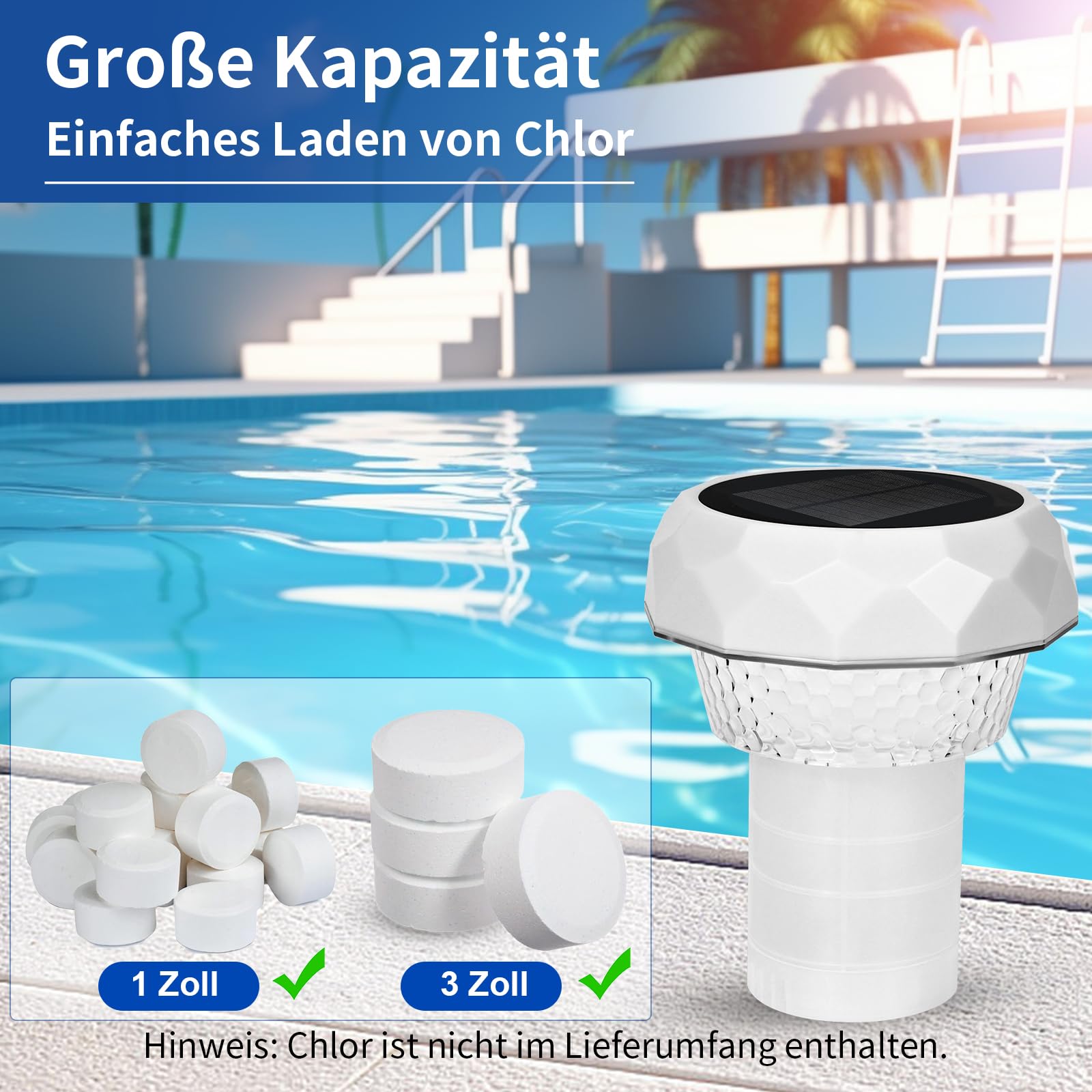 Dosierschwimmer Pool Schwimmer für Chlortabletten Chlordosierer mit LED Poolbeleuchtung Solar Großer Chlor Schwimmer für Pool mit Fernbedienung, IP68 Wasserdicht